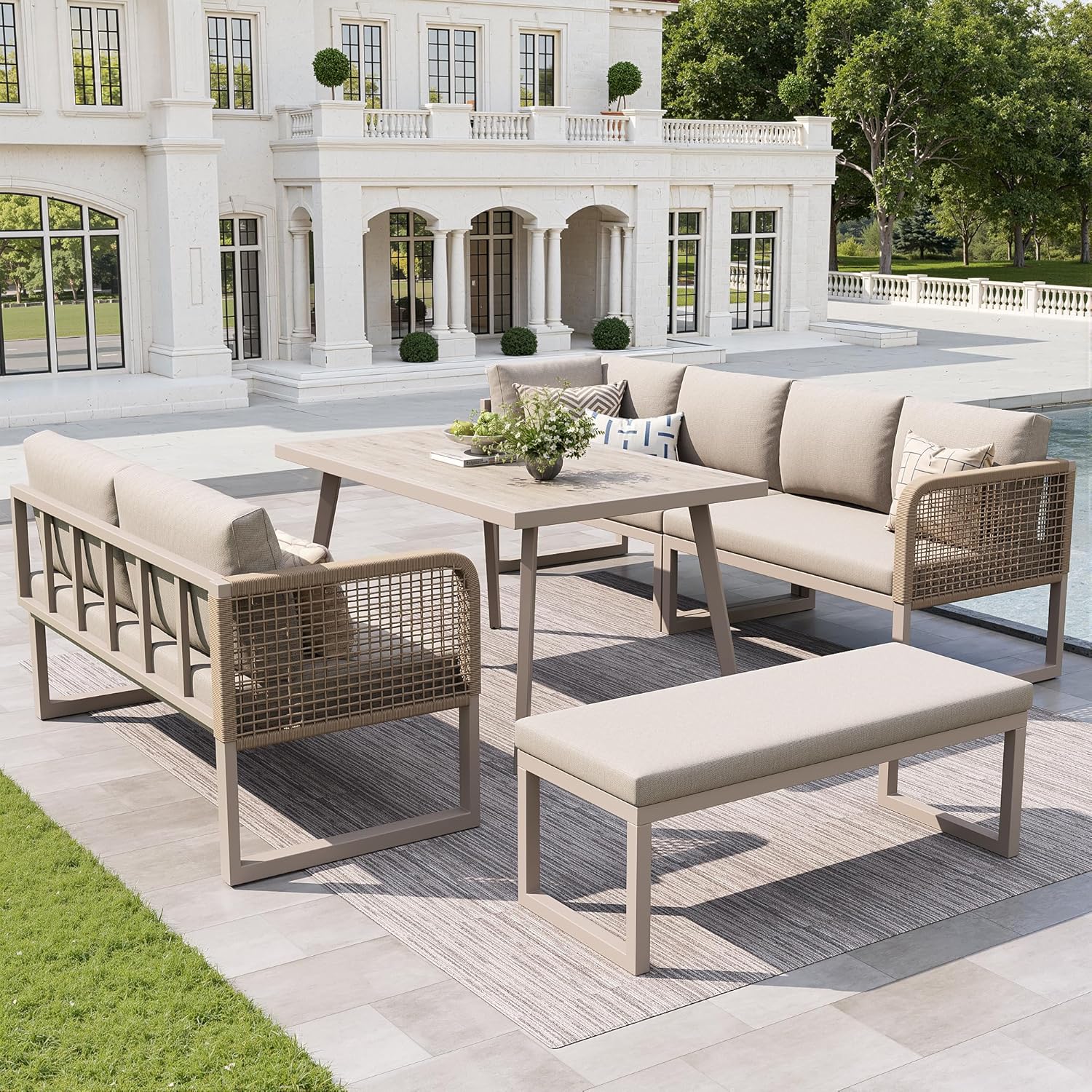 Merax Gartenmöbel-Set, Gartenlounge Lounge Set aus Metallrahmen & PE-Rattan, 5-TLG. Balkonmöbel Outdoor Sitzgruppe mit Tisch & bequemen Kissen, Wetterfest für Terrasse, L-Form Loungegarnitur, Beige — Ansicht 2