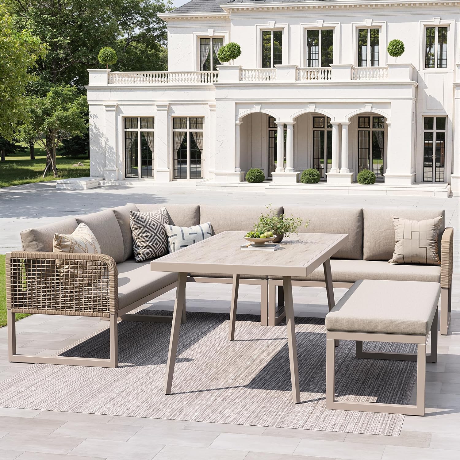 Merax Gartenmöbel-Set, Gartenlounge Lounge Set aus Metallrahmen & PE-Rattan, 5-TLG. Balkonmöbel Outdoor Sitzgruppe mit Tisch & bequemen Kissen, Wetterfest für Terrasse, L-Form Loungegarnitur, Beige — Ansicht 3