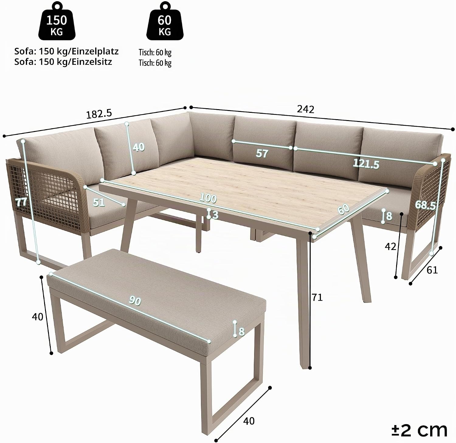 Merax Gartenmöbel-Set, Gartenlounge Lounge Set aus Metallrahmen & PE-Rattan, 5-TLG. Balkonmöbel Outdoor Sitzgruppe mit Tisch & bequemen Kissen, Wetterfest für Terrasse, L-Form Loungegarnitur, Beige — Ansicht 4