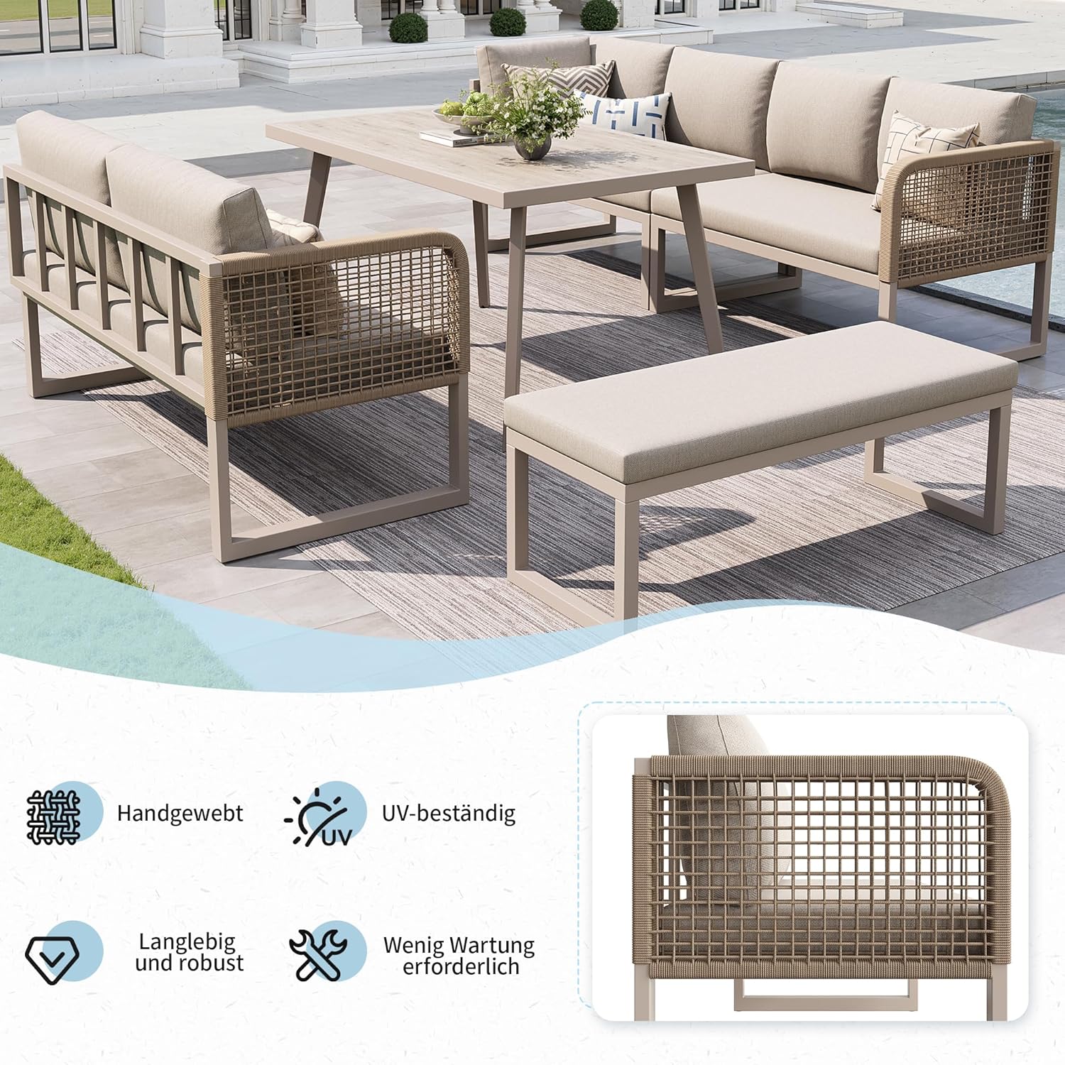 Merax Gartenmöbel-Set, Gartenlounge Lounge Set aus Metallrahmen & PE-Rattan, 5-TLG. Balkonmöbel Outdoor Sitzgruppe mit Tisch & bequemen Kissen, Wetterfest für Terrasse, L-Form Loungegarnitur, Beige — Ansicht 5