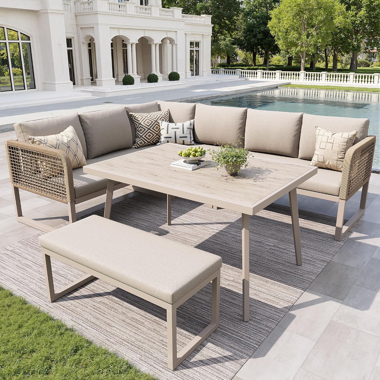 Merax Gartenmöbel-Set, Gartenlounge Lounge Set aus Metallrahmen & PE-Rattan, 5-TLG. Balkonmöbel Outdoor Sitzgruppe mit Tisch & bequemen Kissen, Wetterfest für Terrasse, L-Form Loungegarnitur, Beige