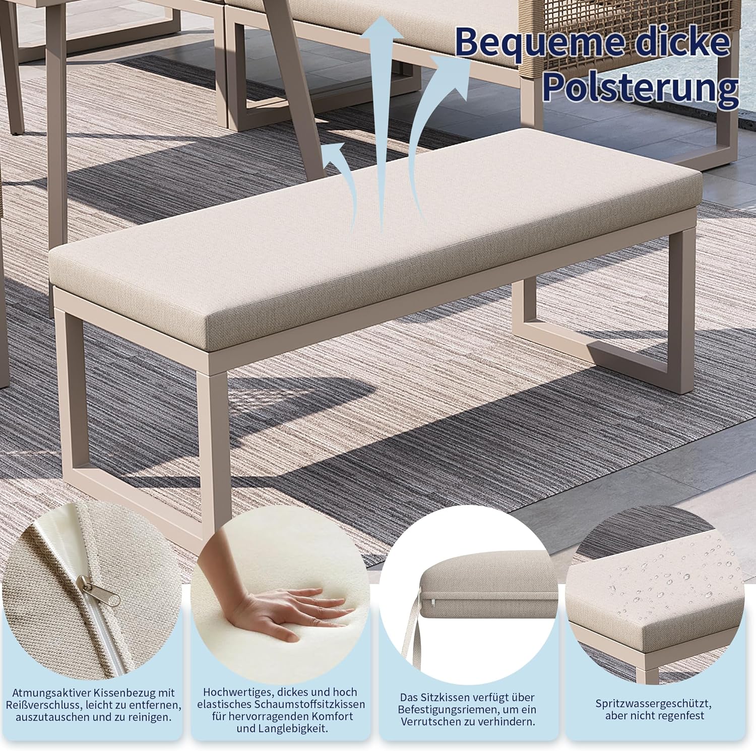 Merax Gartenmöbel-Set, Gartenlounge Lounge Set aus Metallrahmen & PE-Rattan, 5-TLG. Balkonmöbel Outdoor Sitzgruppe mit Tisch & bequemen Kissen, Wetterfest für Terrasse, L-Form Loungegarnitur, Beige — Ansicht 6