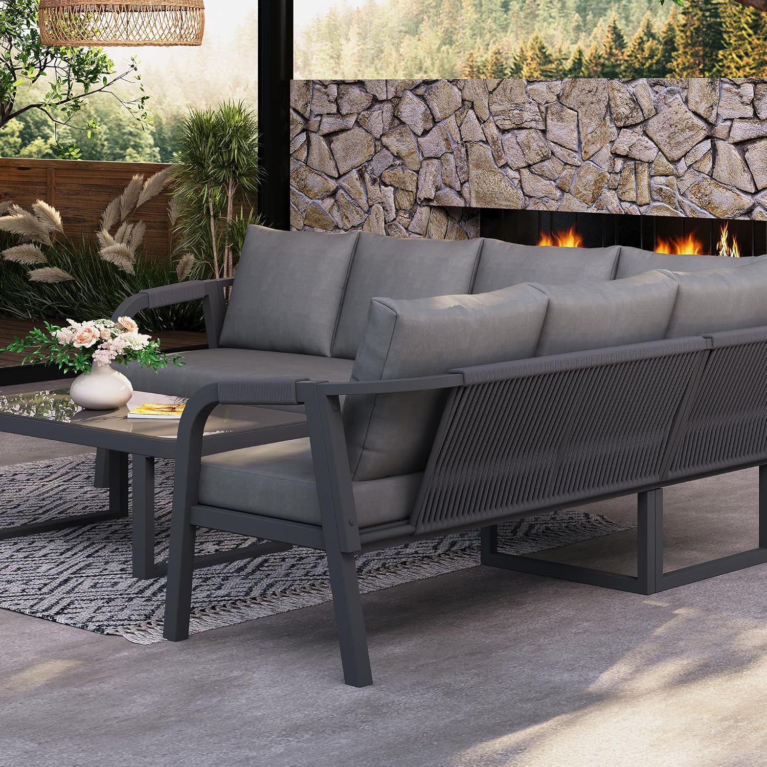 Merax Gartenmöbel Set Lounge Ecke 6 Personen, Polyrattan Gartenlounge Ecksofa mit Tisch, Outdoor Sitzgruppe Balkon Terrasse Garten, Seilgeflecht Armlehnen, Stahlgestell, Grau — Ansicht 3