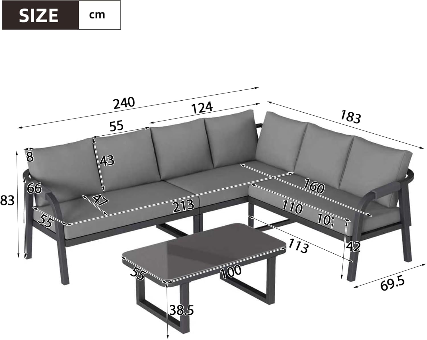 Merax Gartenmöbel Set Lounge Ecke 6 Personen, Polyrattan Gartenlounge Ecksofa mit Tisch, Outdoor Sitzgruppe Balkon Terrasse Garten, Seilgeflecht Armlehnen, Stahlgestell, Grau — Ansicht 5