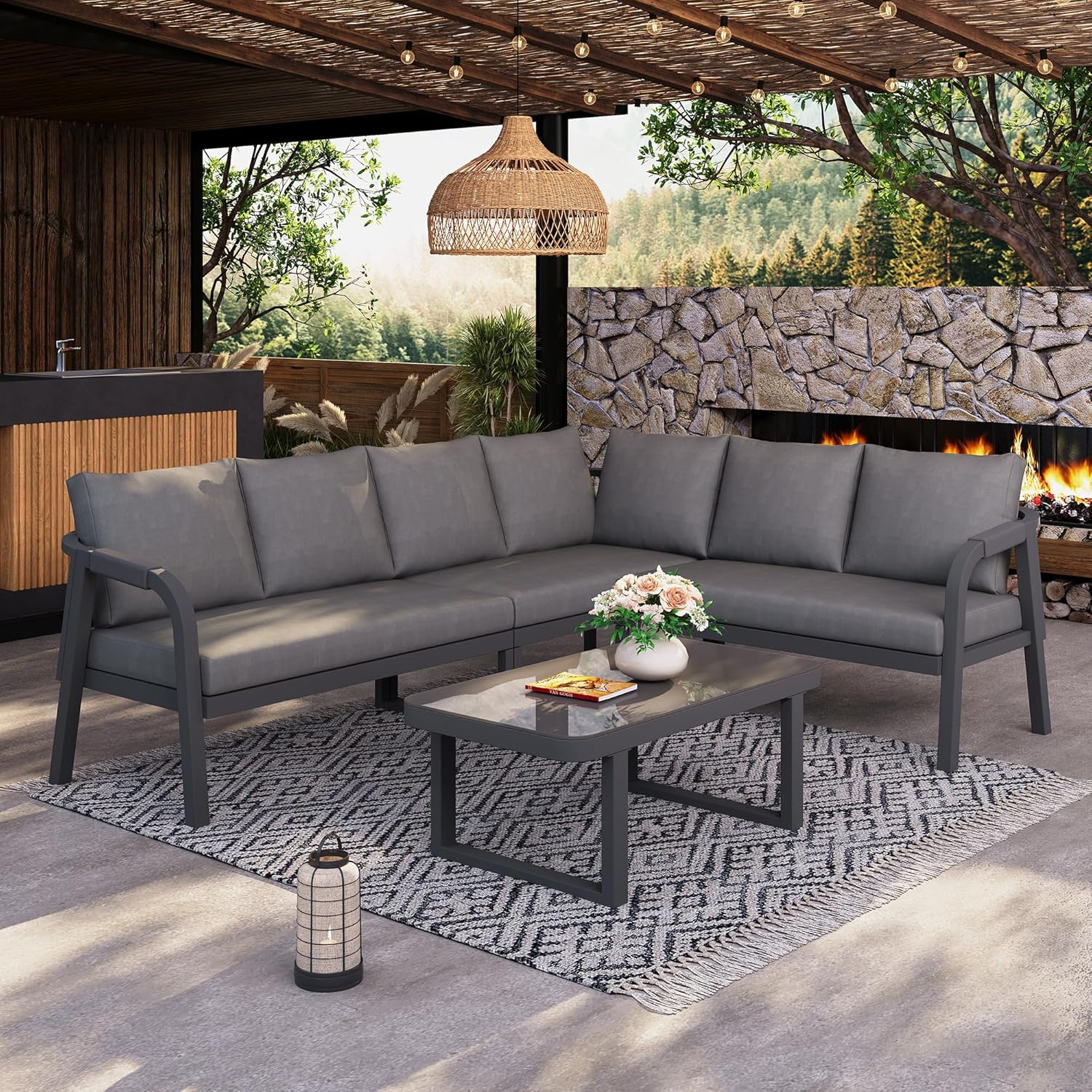Merax Gartenmöbel Set Lounge Ecke 6 Personen, Polyrattan Gartenlounge Ecksofa mit Tisch, Outdoor Sitzgruppe Balkon Terrasse Garten, Seilgeflecht Armlehnen, Stahlgestell, Grau