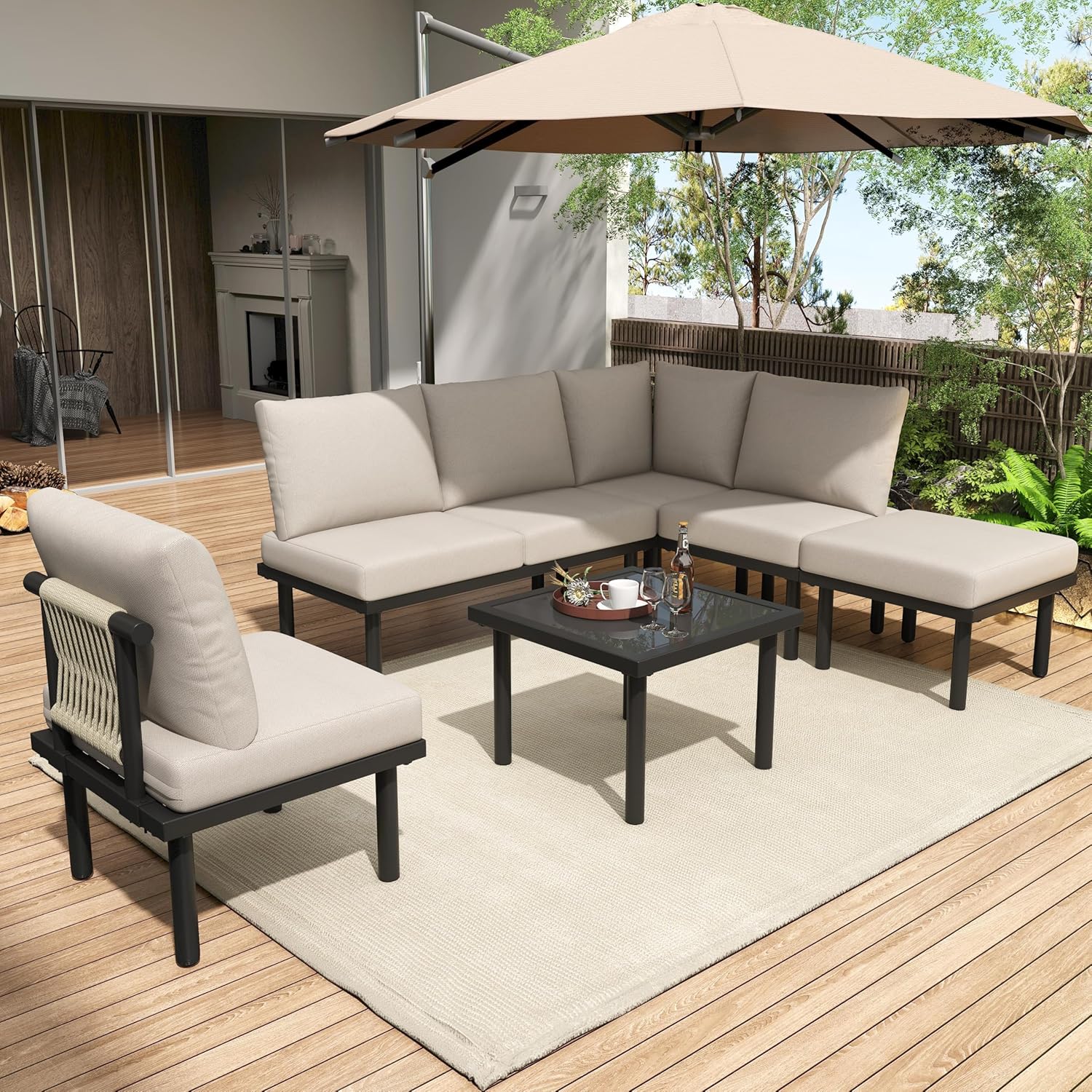 Merax Gartenmöbel Set mit 6 Sitzplätze, Outdoor Sitzgruppe mit Glas Couchtisch, Terrassenmöbel mit abnehmbar und waschbar Kissen für Garten, Terrasse, Gartenlounge Set, Beige — Ansicht 2