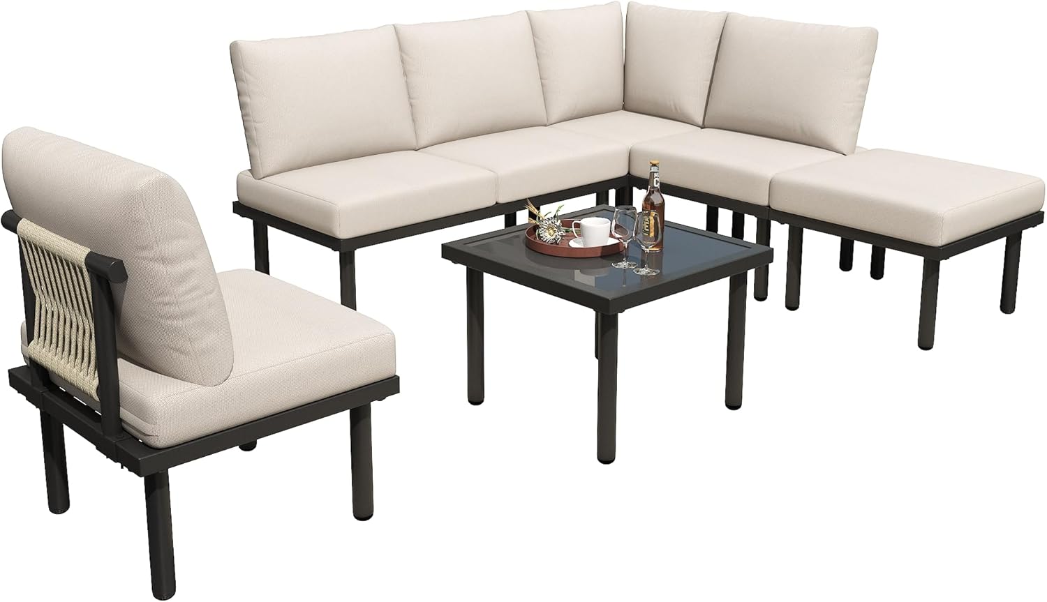 Merax Gartenmöbel Set mit 6 Sitzplätze, Outdoor Sitzgruppe mit Glas Couchtisch, Terrassenmöbel mit abnehmbar und waschbar Kissen für Garten, Terrasse, Gartenlounge Set, Beige — Ansicht 6