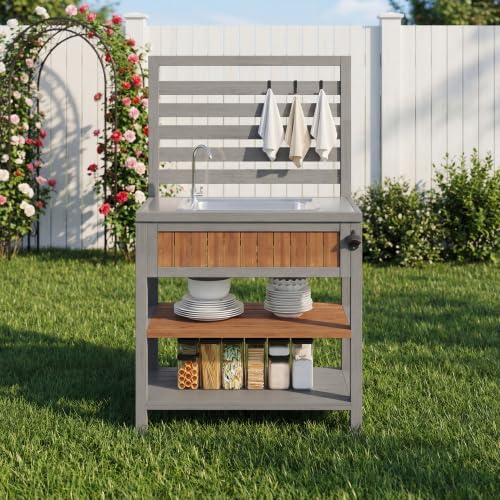 Merax Gartenschrank mit Wasserbecken & Wasserhahn – Wetterfester Geräteschrank mit großer Edelstahl-Arbeitsfläche, Schublade & integriertem Flaschenöffner, Outdoor-Küchenschrank