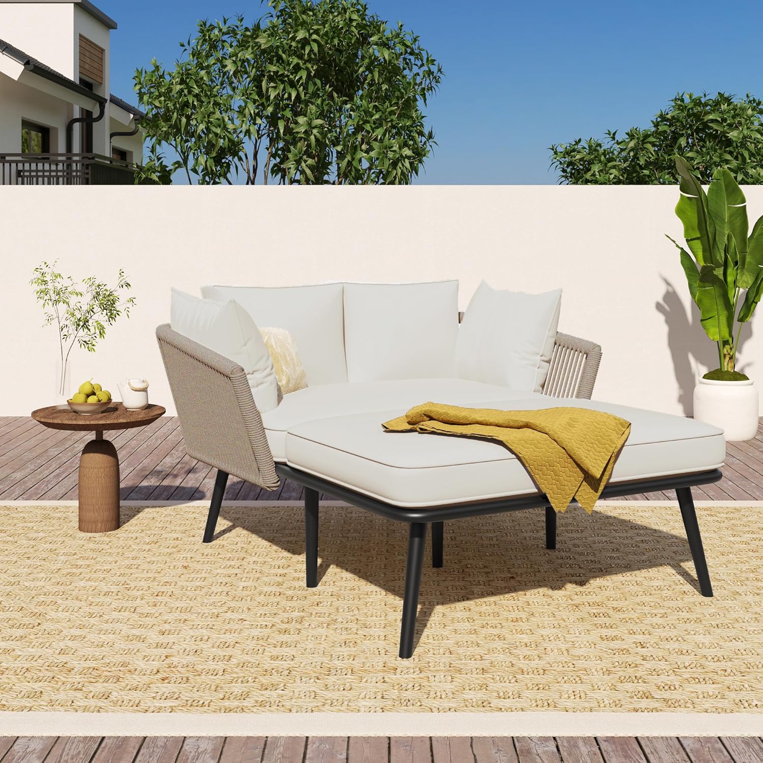 Merax Gartensofa, Outdoor Sonnenliege mit 2 Kissen und 2 Polster, Gartenlounge mit Abnehmbar und Waschbar Kissen für Balkon Terrasse, Garten, Khaki