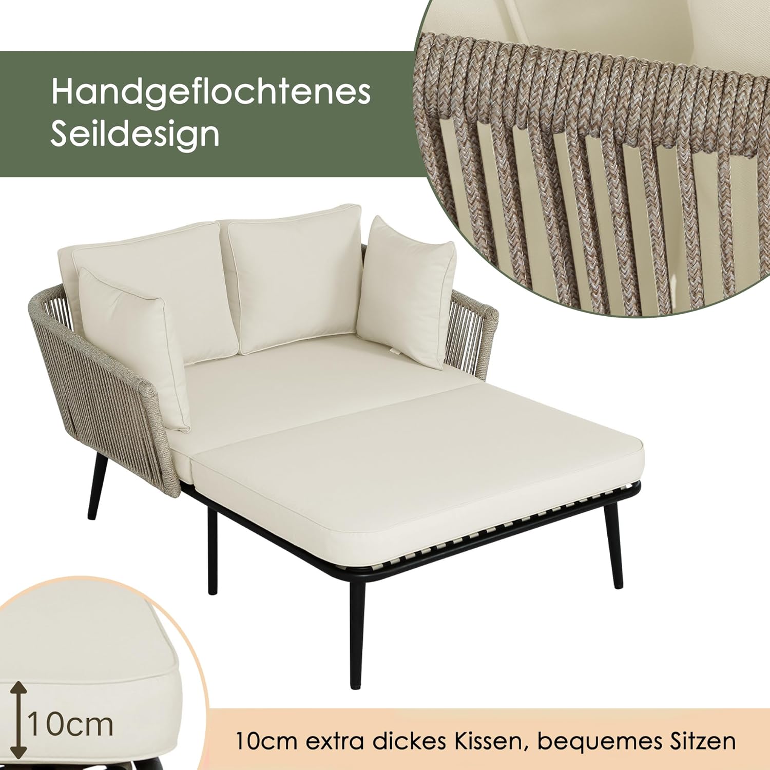 Merax Gartensofa, Outdoor Sonnenliege mit 2 Kissen und 2 Polster, Gartenlounge mit Abnehmbar und Waschbar Kissen für Balkon Terrasse, Garten, Khaki — Ansicht 3