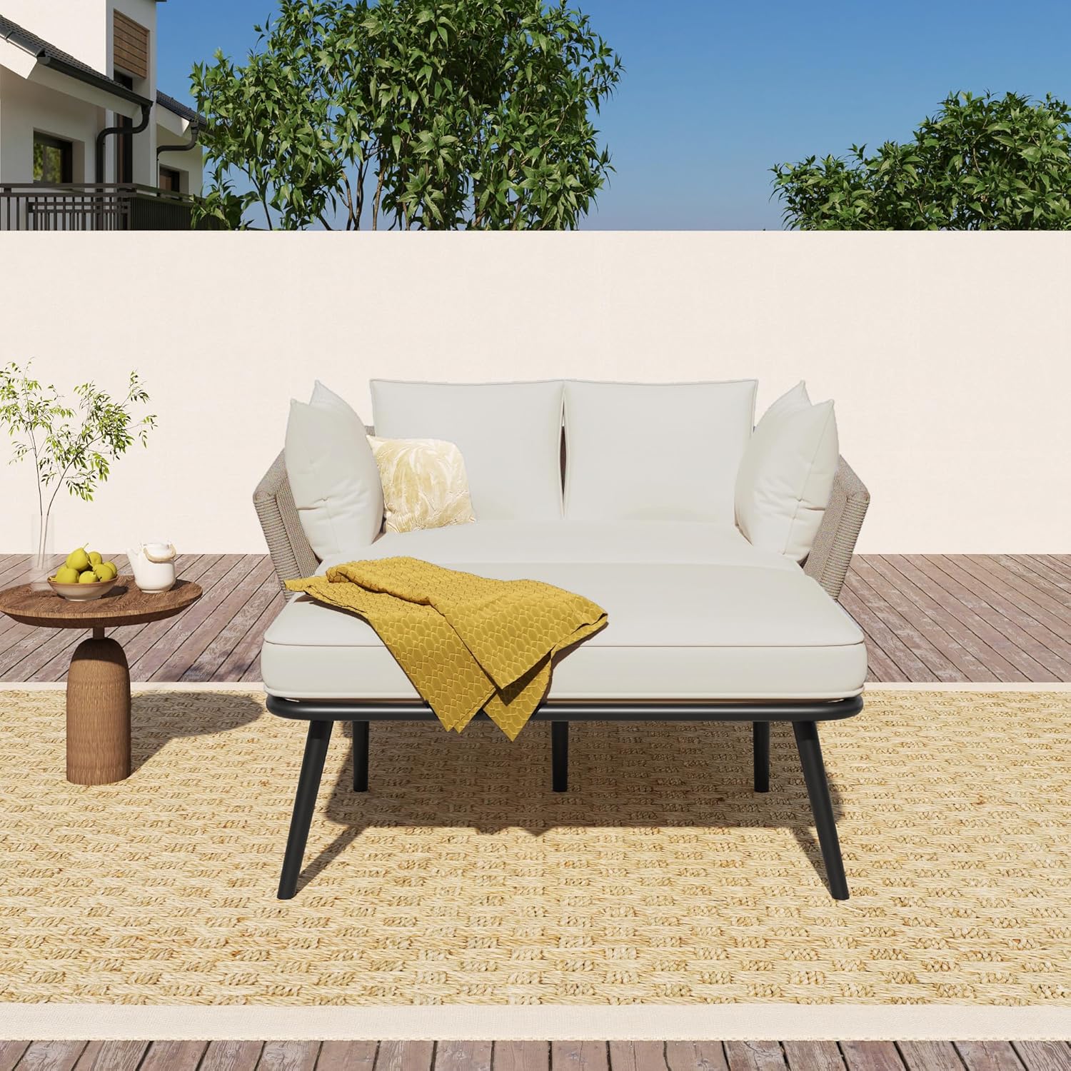 Merax Gartensofa, Outdoor Sonnenliege mit 2 Kissen und 2 Polster, Gartenlounge mit Abnehmbar und Waschbar Kissen für Balkon Terrasse, Garten, Khaki — Ansicht 4