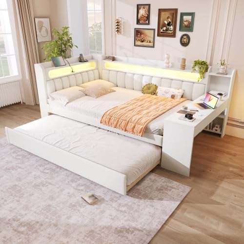 Merax Gepolstertes 140x200 Tagesbett mit USB-Anschlüssen, LED-Gürtel, Ausziehbett und Schreibtisch – Sofabett, Tagesbett für Gästezimmer, Weiß — Ansicht 3