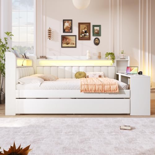 Merax Gepolstertes 140x200 Tagesbett mit USB-Anschlüssen, LED-Gürtel, Ausziehbett und Schreibtisch – Sofabett, Tagesbett für Gästezimmer, Weiß — Ansicht 5