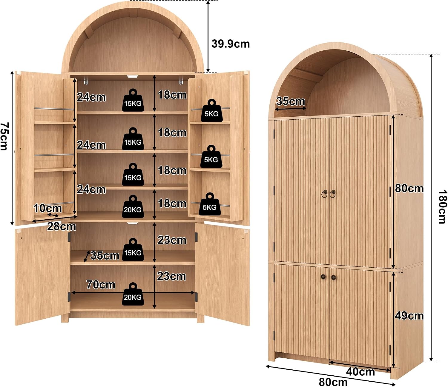 Merax Gewölbter Küchenschrank, Bogenschrank, Vitrinenschrank mit Ablage über der, 6 Regale und Offenem Oberfach, Holzoptik, Vitrinenschrank für Küche, Esszimmer, Wohnzimmer, 80x40x180cm, Natur — Ansicht 2