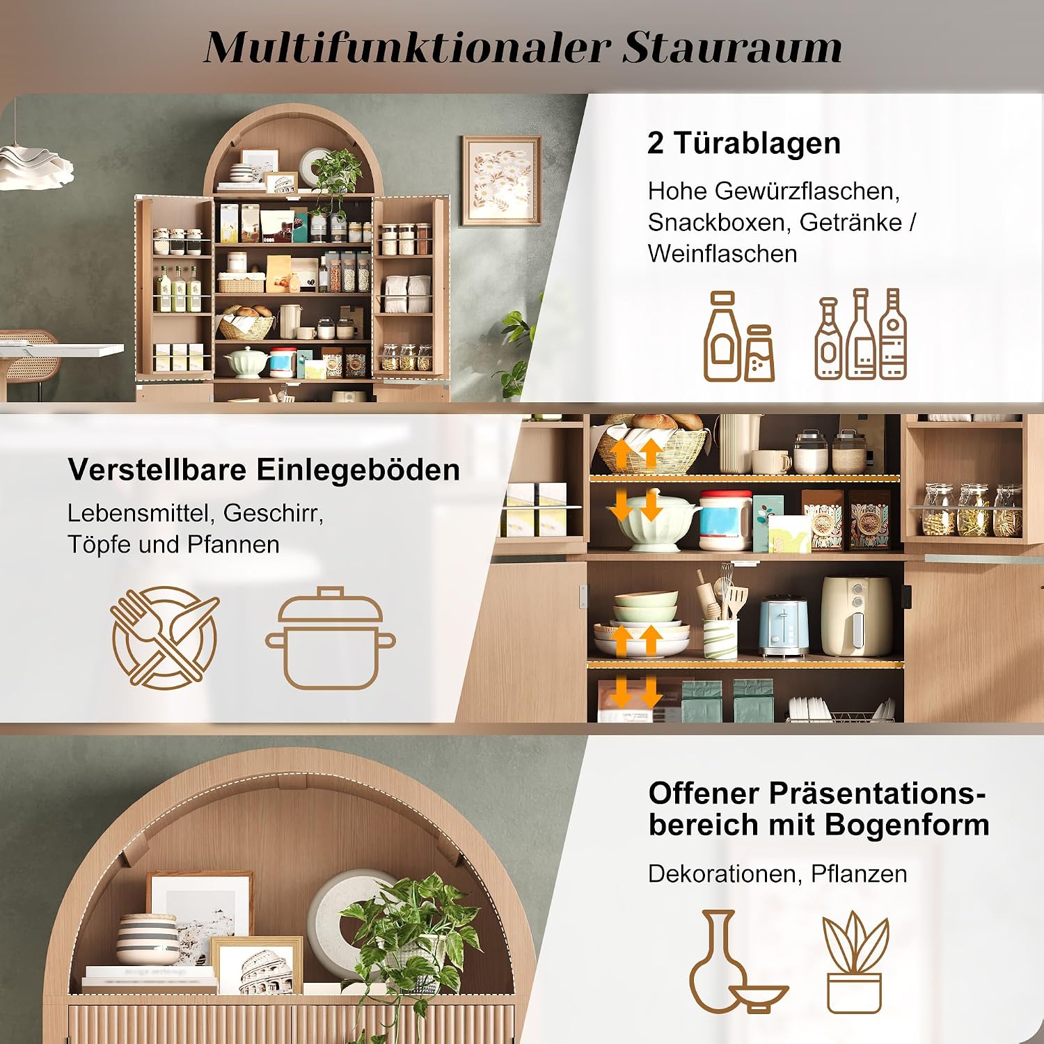 Merax Gewölbter Küchenschrank, Bogenschrank, Vitrinenschrank mit Ablage über der, 6 Regale und Offenem Oberfach, Holzoptik, Vitrinenschrank für Küche, Esszimmer, Wohnzimmer, 80x40x180cm, Natur — Ansicht 3