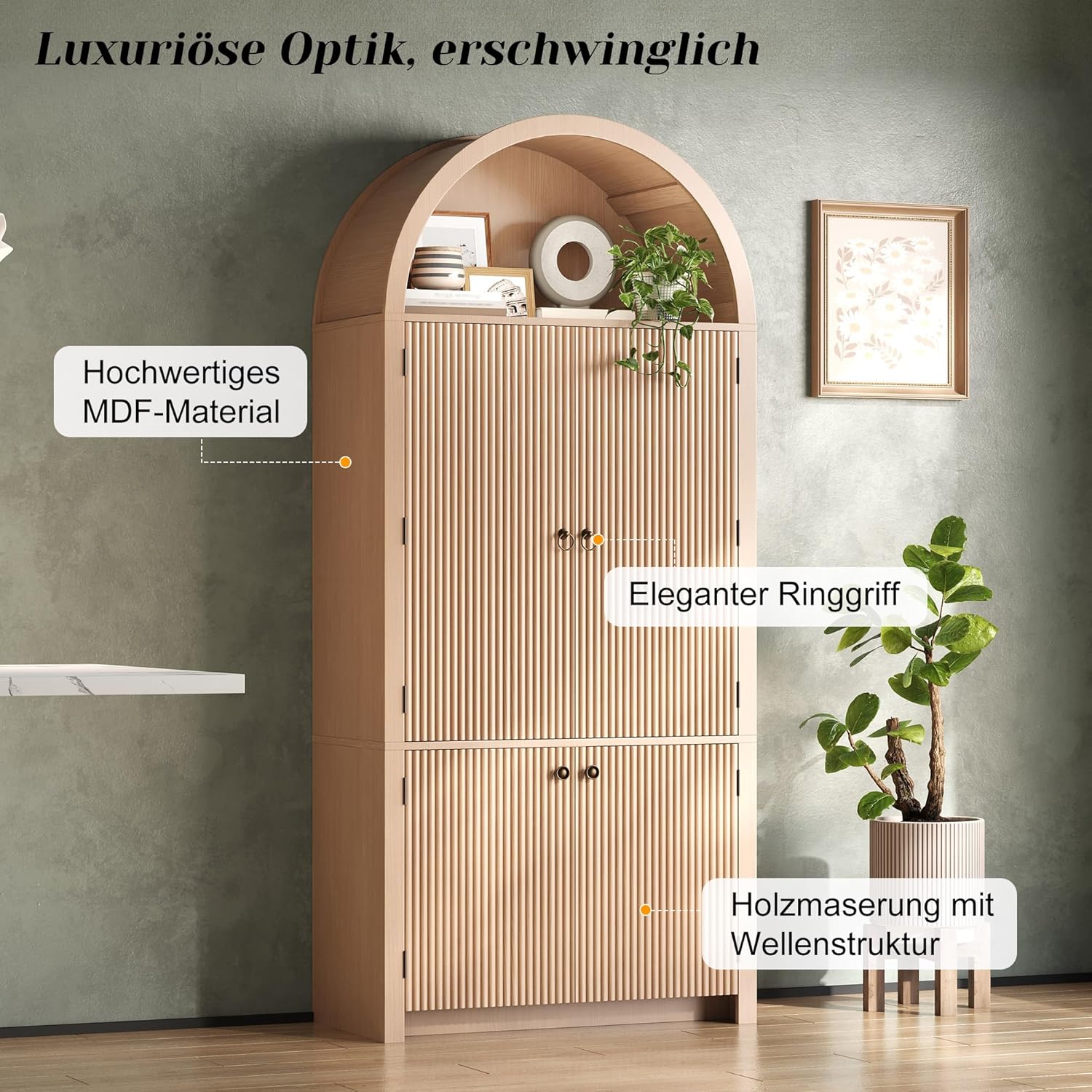Merax Gewölbter Küchenschrank, Bogenschrank, Vitrinenschrank mit Ablage über der, 6 Regale und Offenem Oberfach, Holzoptik, Vitrinenschrank für Küche, Esszimmer, Wohnzimmer, 80x40x180cm, Natur — Ansicht 4