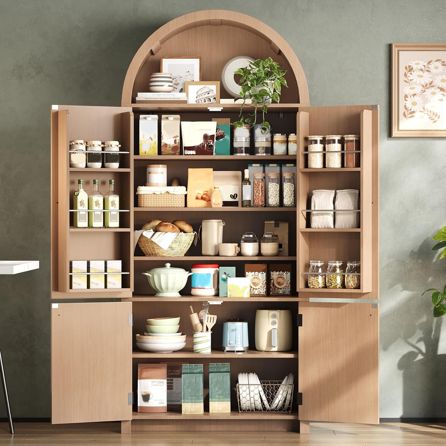 Merax Gewölbter Küchenschrank, Bogenschrank, Vitrinenschrank mit Ablage über der, 6 Regale und Offenem Oberfach, Holzoptik, Vitrinenschrank für Küche, Esszimmer, Wohnzimmer, 80x40x180cm, Natur — Ansicht 6
