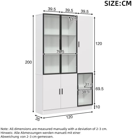 Merax Glasvitrine mit LED 120 x 35 x 200 cm, Vitrinenschrank mit 3 Glastüren aus Aluminiumrahmen, Standvitrine mit 10 Ablagebereichen, Wohnzimmerschrank, Multifunktionsschrank — Ansicht 2