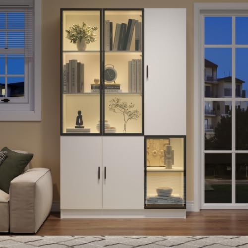 Merax Glasvitrine mit LED 120 x 35 x 200 cm, Vitrinenschrank mit 3 Glastüren aus Aluminiumrahmen, Standvitrine mit 10 Ablagebereichen, Wohnzimmerschrank, Multifunktionsschrank