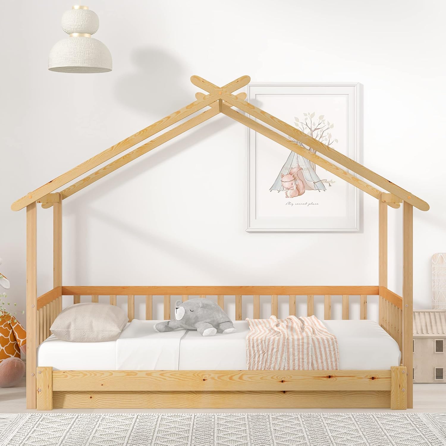 Merax Hausbett 200x180cm, Kinderbett Funktionsbett mit Rausfallschutz und Lattenrost, Erweiterbares Tagesbett Doppelbett, Holz Baumhausbett für Mädchen & Jungen, Naturfarbener — Ansicht 3