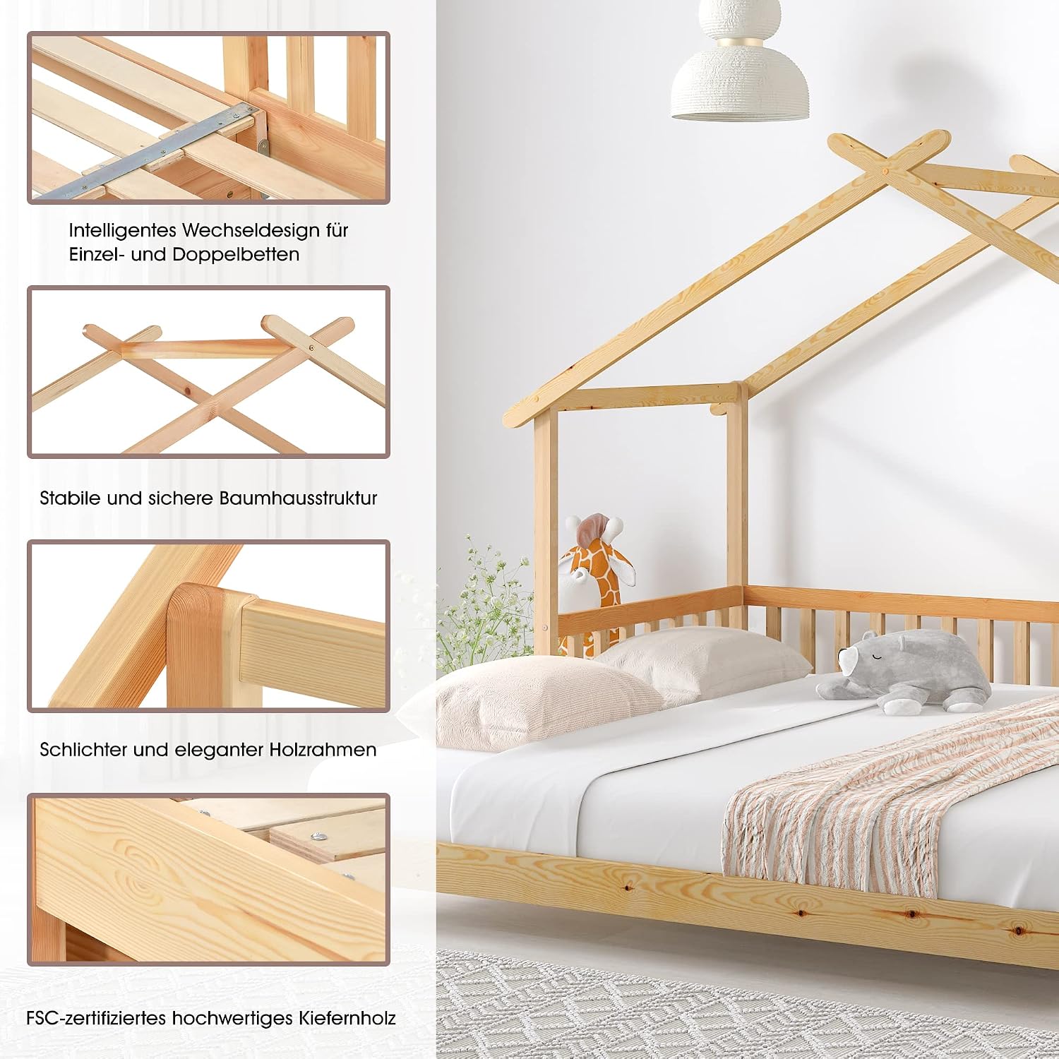 Merax Hausbett 200x180cm, Kinderbett Funktionsbett mit Rausfallschutz und Lattenrost, Erweiterbares Tagesbett Doppelbett, Holz Baumhausbett für Mädchen & Jungen, Naturfarbener — Ansicht 5
