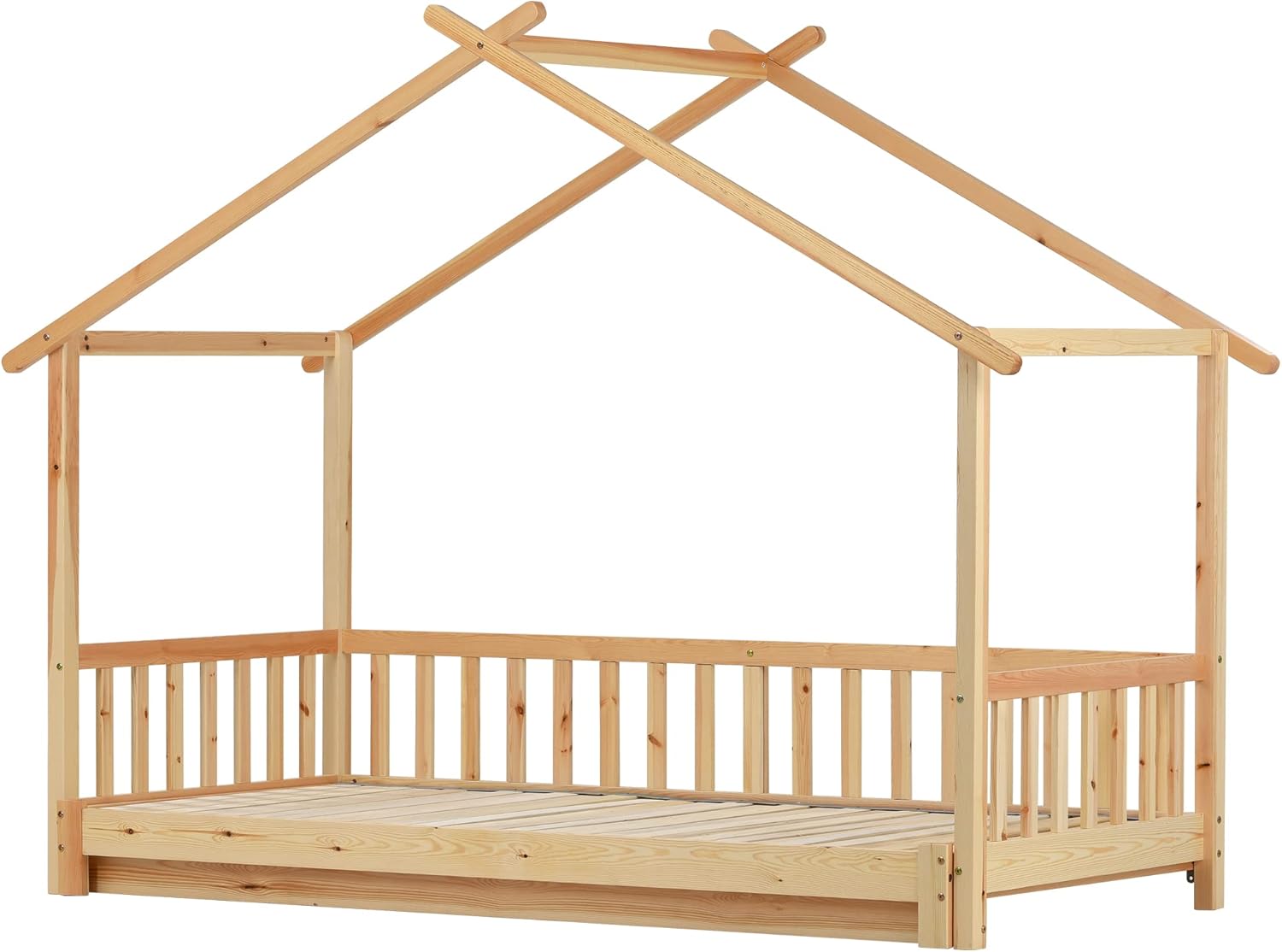 Merax Hausbett 200x180cm, Kinderbett Funktionsbett mit Rausfallschutz und Lattenrost, Erweiterbares Tagesbett Doppelbett, Holz Baumhausbett für Mädchen & Jungen, Naturfarbener — Ansicht 6