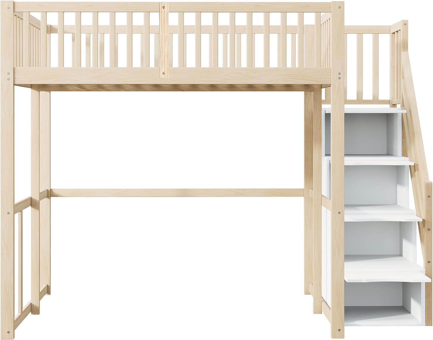 Merax Hochbett 140x200 cm, platzsparendes Kinderbett mit Stauraum, für Kinder, Jugendliche und Erwachsene, Holzfarbe und Weiß (ohne Matratze) — Ansicht 4