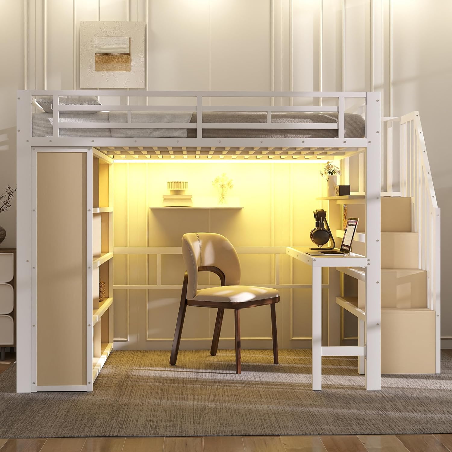 Merax Hochbett 140x200cm, Stabile Metallbett mit Treppe & Rausfallschutz, Multifunktionales Kinderhochbett mit Schreibtisch, LED, Ablagefach, Treppenkonstruktionen mit Stauraum, ohne Matratze, Weiß — Ansicht 3
