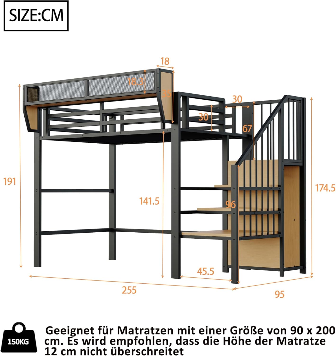 Merax Hochbett, 90 x 200 cm, aus Metall, mit sicherer Leiter, herausnehmbarem Aufbewahrungsregal, Hochbett für Erwachsene/Kinder, Schwarz (ohne Matratze) — Ansicht 2