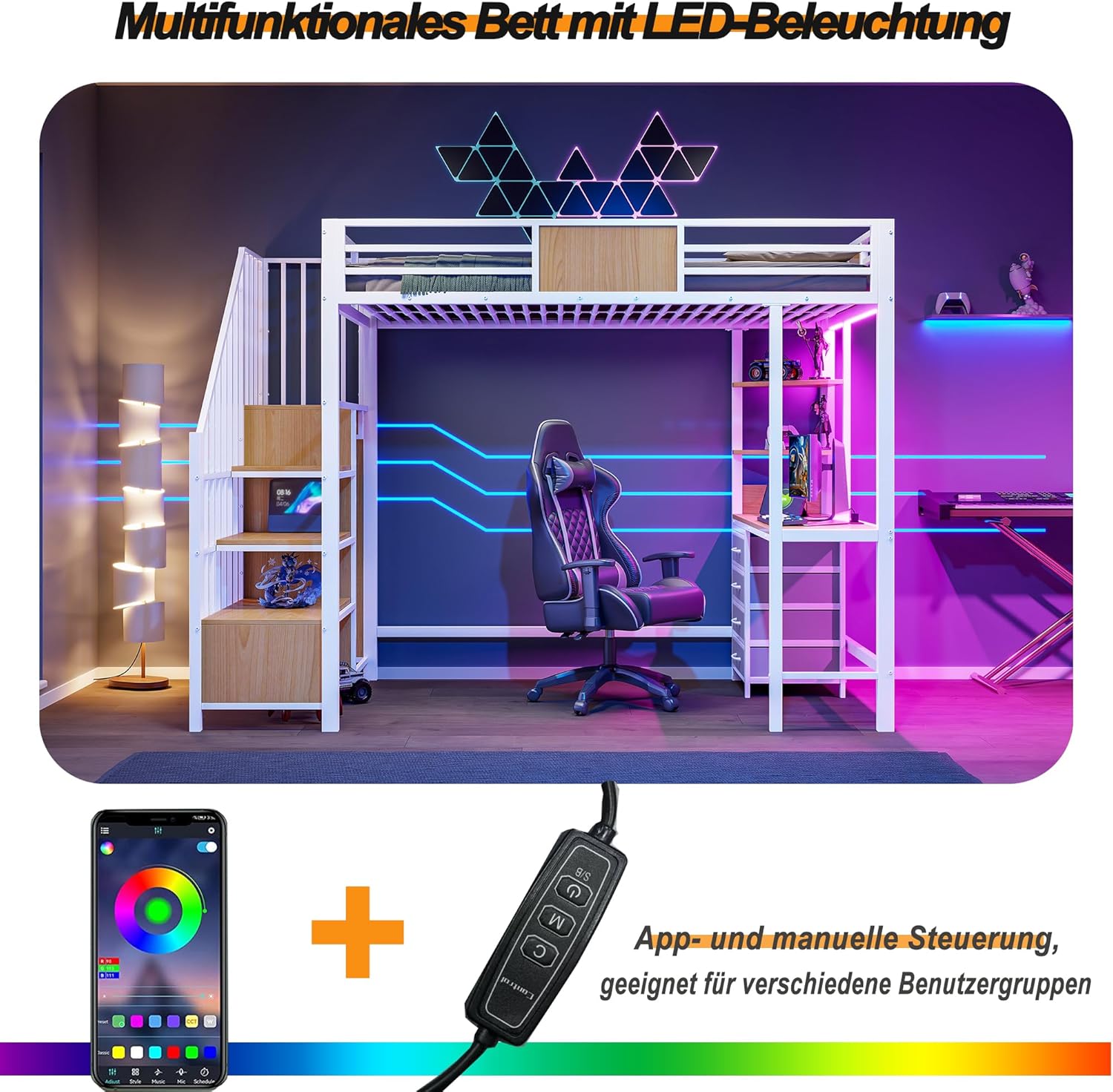 Merax Hochbett 90x200 cm aus Metall mit Schreibtisch, Jugendbett mit Ablagefächern, Kleiderstange, LED & Steckdose – für kleine Zimmer (Ohne Matratze) — Ansicht 3