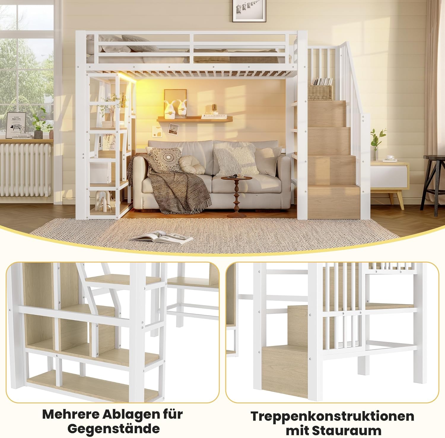 Merax Hochbett 90x200 cm, Metallbett mit Treppe und Rausfallschutz, Funktionsbett Kinderhochbett mit LED, Ablagefach, offener Stauraum unter dem Bett, Jugendbett Bettgestell (ohne Matratze), Weiß — Ansicht 4