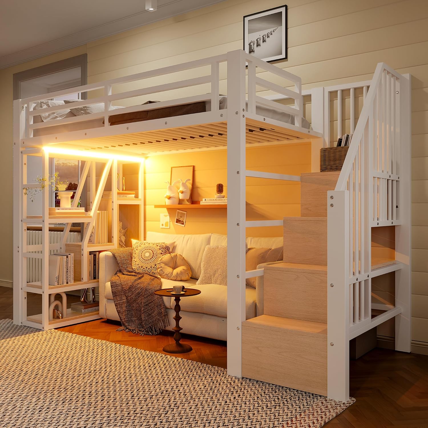 Merax Hochbett 90x200 cm, Metallbett mit Treppe und Rausfallschutz, Funktionsbett Kinderhochbett mit LED, Ablagefach, offener Stauraum unter dem Bett, Jugendbett Bettgestell (ohne Matratze), Weiß