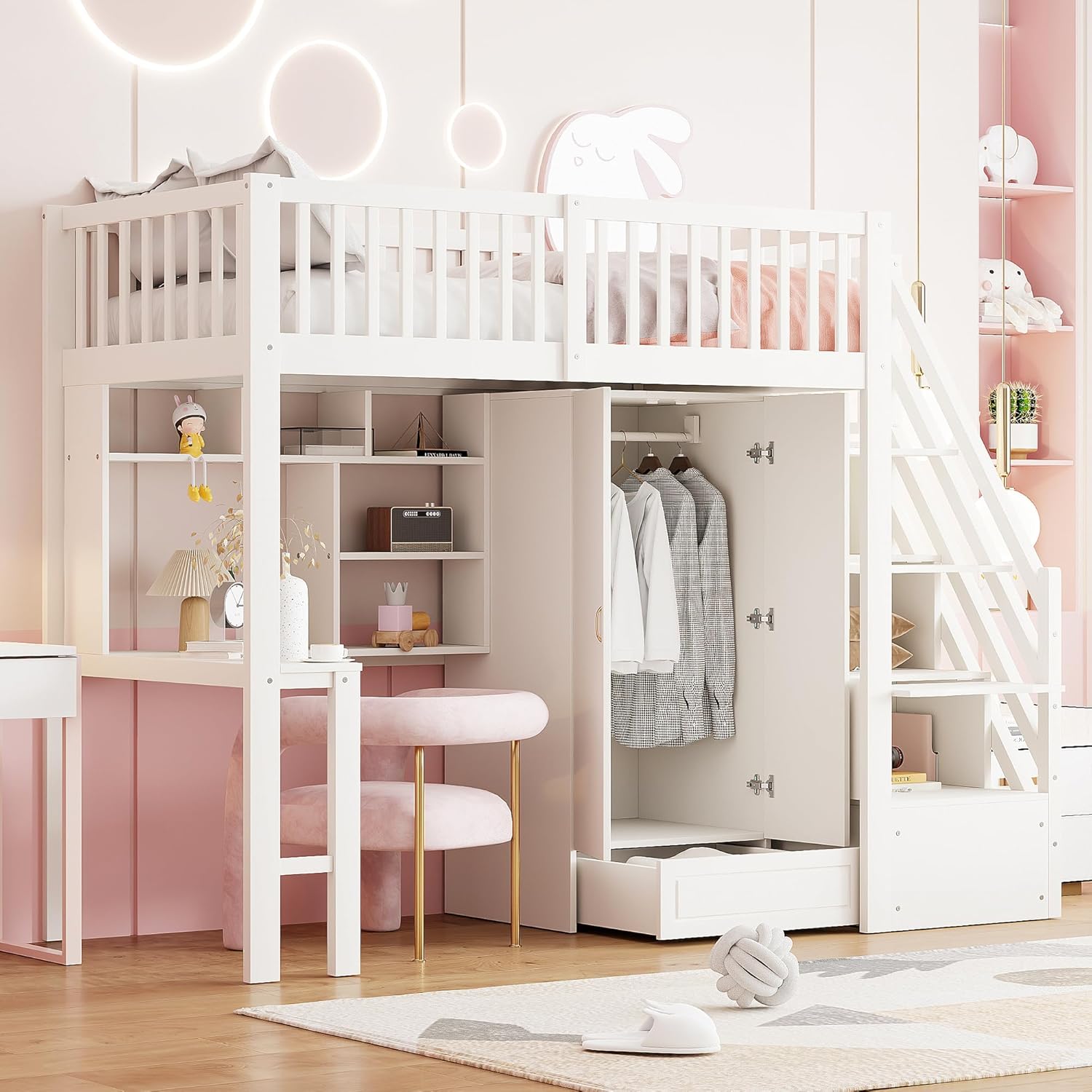 Merax Hochbett 90x200 cm mit Kleiderschrank, Regal und Schreibtisch, Holz Bettgestell mit Stauraum, Weiß, ohne Matratze — Ansicht 3