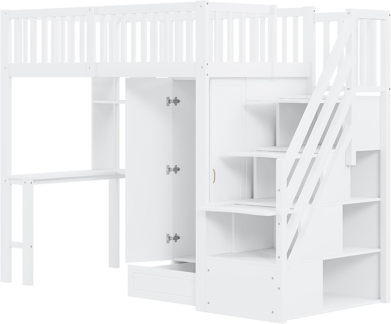 Merax Hochbett 90x200 cm mit Kleiderschrank, Regal und Schreibtisch, Holz Bettgestell mit Stauraum, Weiß, ohne Matratze — Ansicht 5