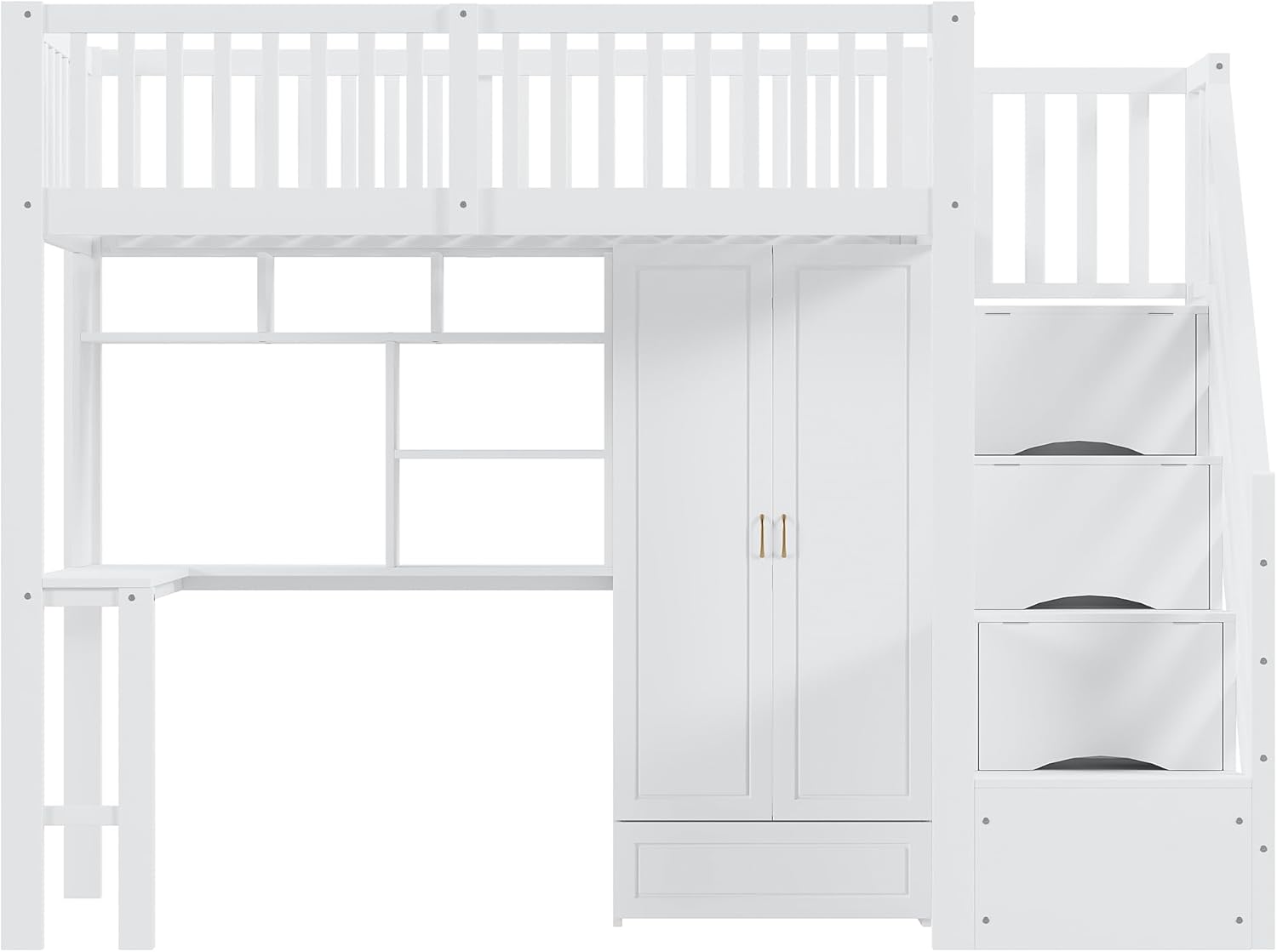 Merax Hochbett 90x200 cm mit Kleiderschrank, Regal und Schreibtisch, Holz Bettgestell mit Stauraum, Weiß, ohne Matratze — Ansicht 6
