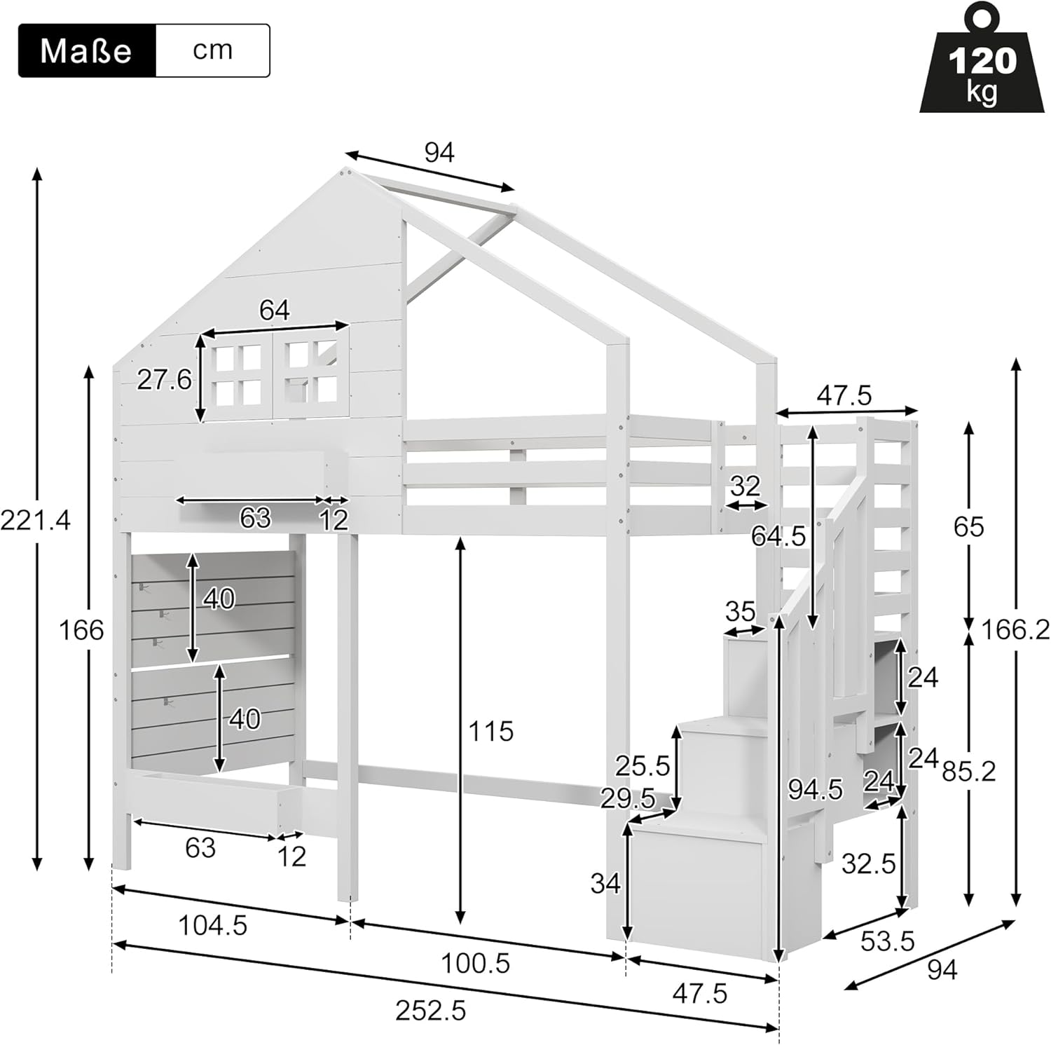 Merax Hochbett 90x200 cm, mit Rausfallschutz und Stauraumtreppe, Jugendbett mit Hausdesign und Fenster, platzsparendes Etagenbett für Kinderzimmer, Weiß (ohne Matratze) — Ansicht 2