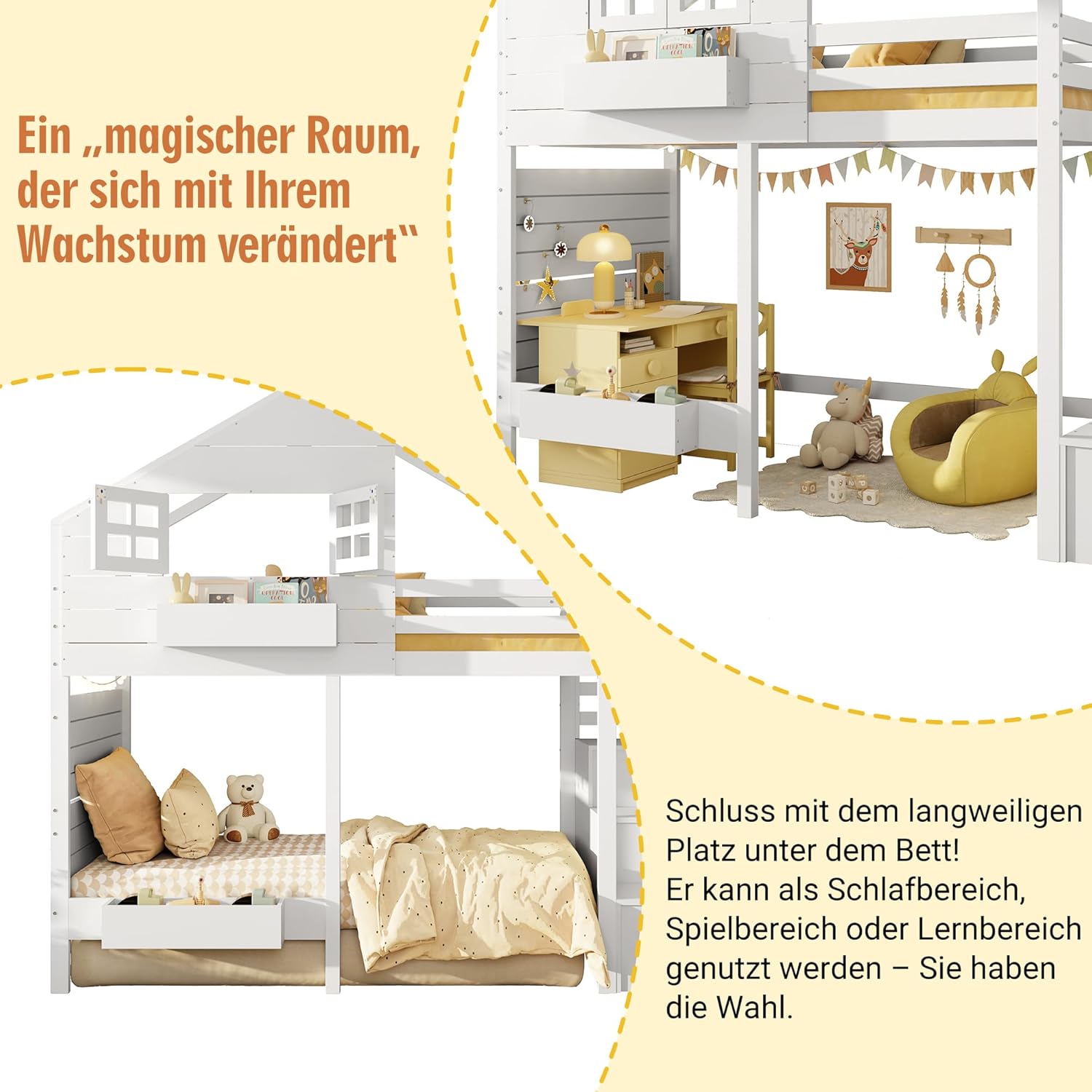Merax Hochbett 90x200 cm, mit Rausfallschutz und Stauraumtreppe, Jugendbett mit Hausdesign und Fenster, platzsparendes Etagenbett für Kinderzimmer, Weiß (ohne Matratze) — Ansicht 3
