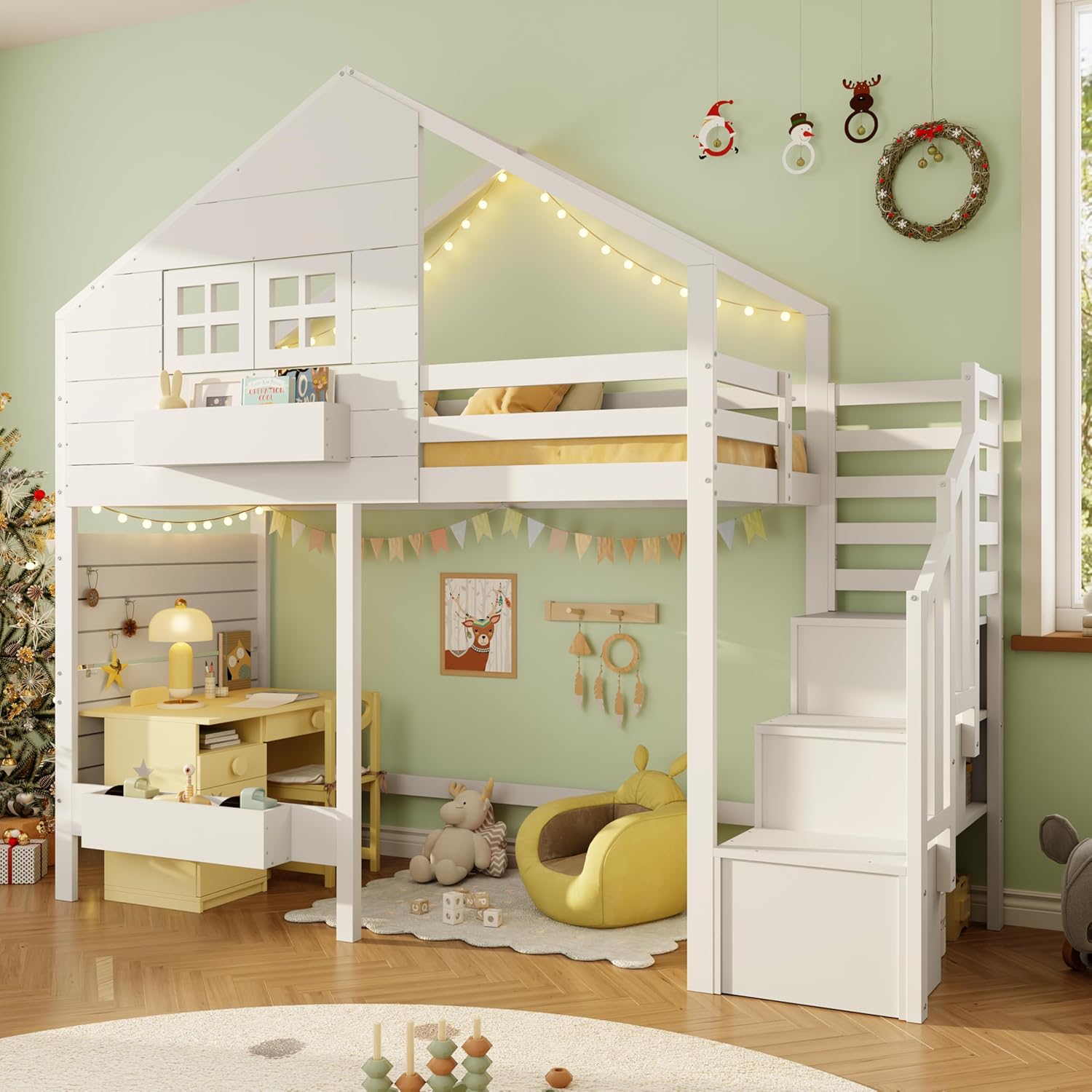 Merax Hochbett 90x200 cm, mit Rausfallschutz und Stauraumtreppe, Jugendbett mit Hausdesign und Fenster, platzsparendes Etagenbett für Kinderzimmer, Weiß (ohne Matratze) — Ansicht 6