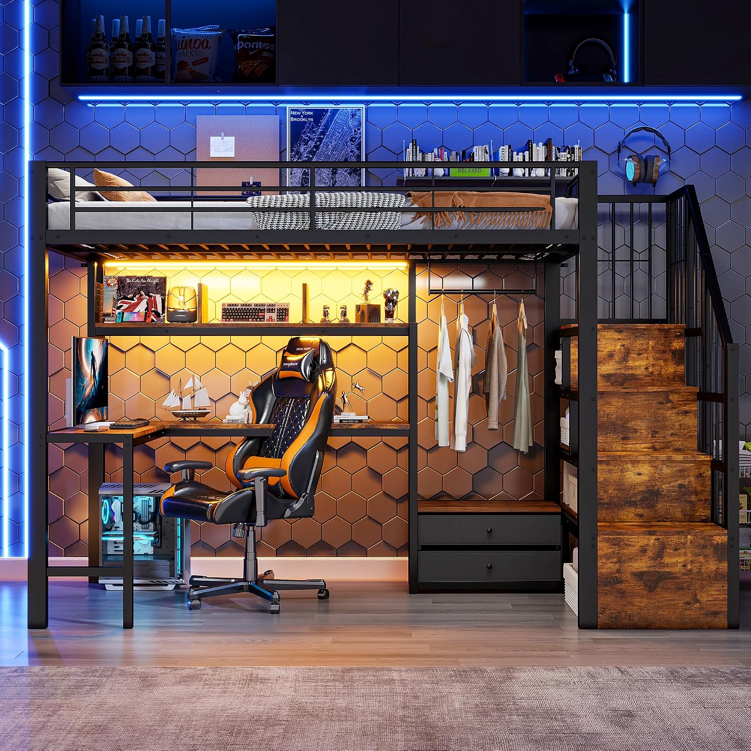 Merax Hochbett 90x200 cm mit Schreibtisch und Treppe, Loft Bett mit Stauraum, 2 Schubladen, LED Beleuchtung, Metallbett mit Kleiderstange und Regal, Jugendbett ohne Matratze, Schwarz — Ansicht 2