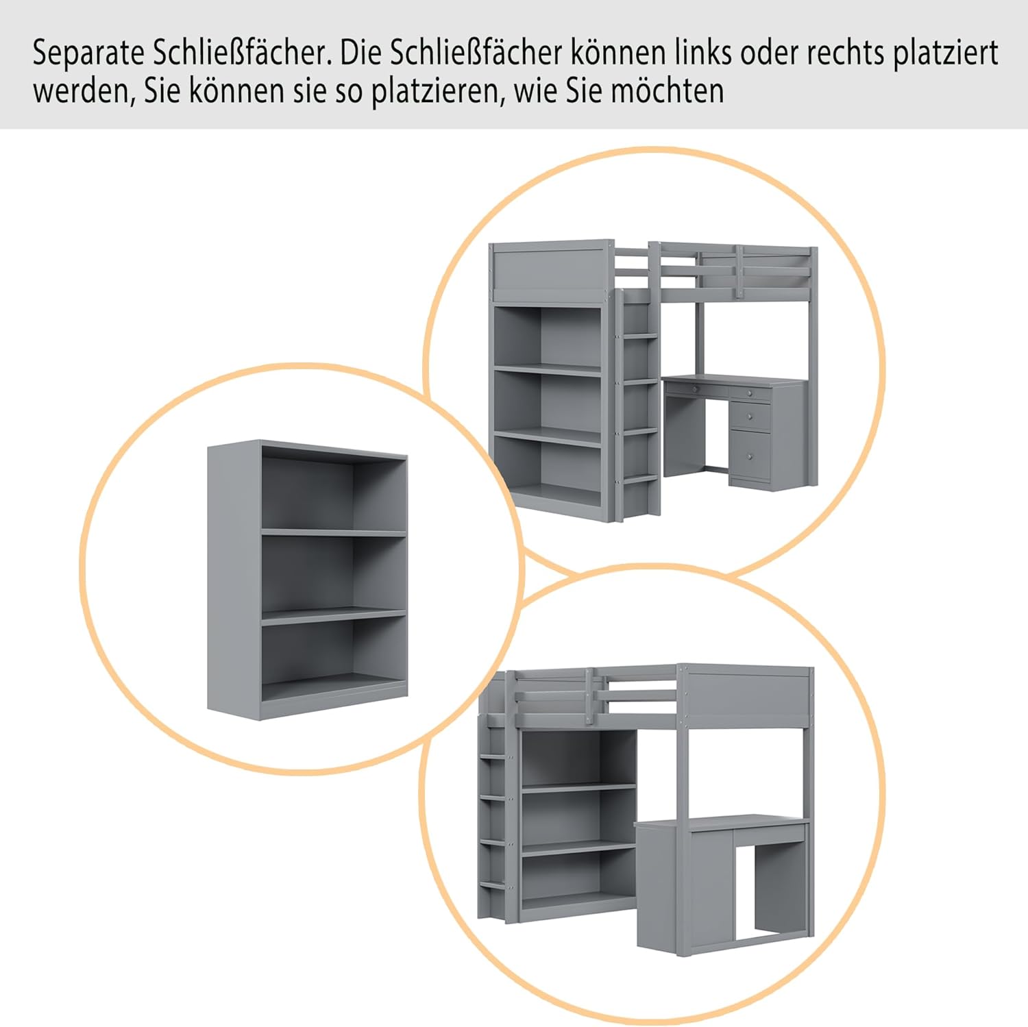 Merax Hochbett 90x200cm, Holz Kinderbett mit Schreibtisch & Schubladen, multifunktionales Etagenbett mit Regal, für Jungen, Mädchen, Grau (Ohne Matratze) — Ansicht 4