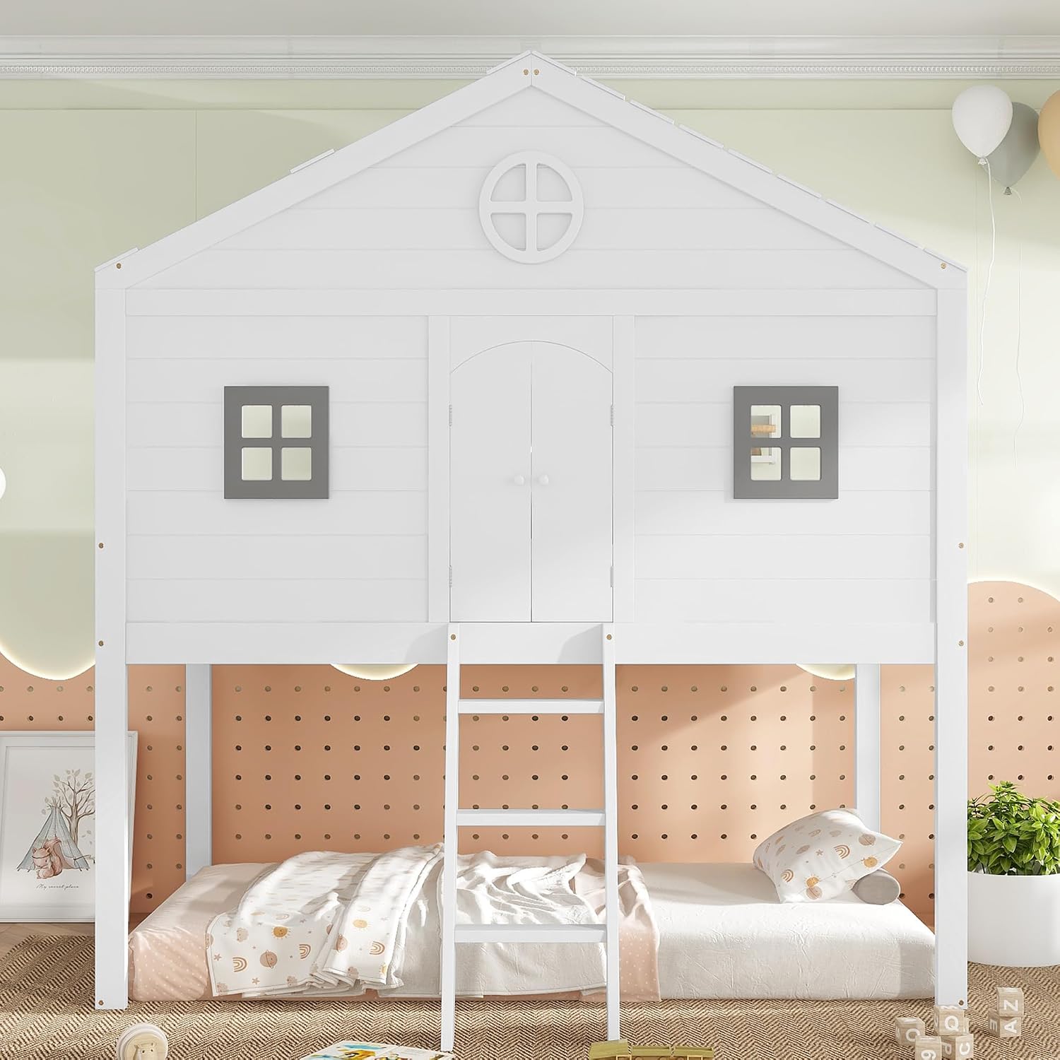 Merax Hochbett 90x200cm, Kinderbett Etagenbett mit Sicherheitsleiter, Rausfallschutz & Lattenrost, Hausbett mit Dach & Fenster, Platzsparendes Stockbett Jugendhochbett, Unterhaltungsbereich, Weiß — Ansicht 3