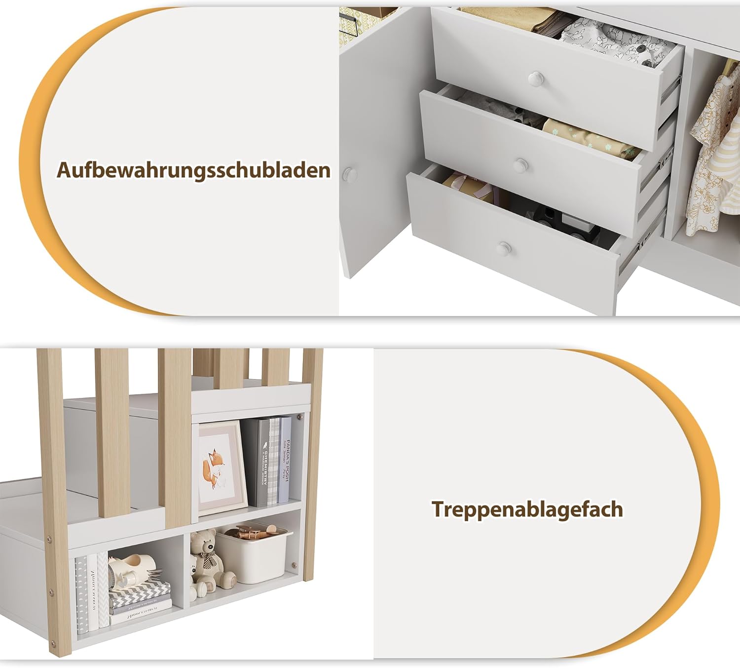 Merax Hochbett 90x200cm, Kinderbett mit Schrank und Treppe, Etagenbett mit Großer Stauraum, für Jungen, Mädchen, Weiß und Holzfarbe (Ohne Matratze) — Ansicht 4