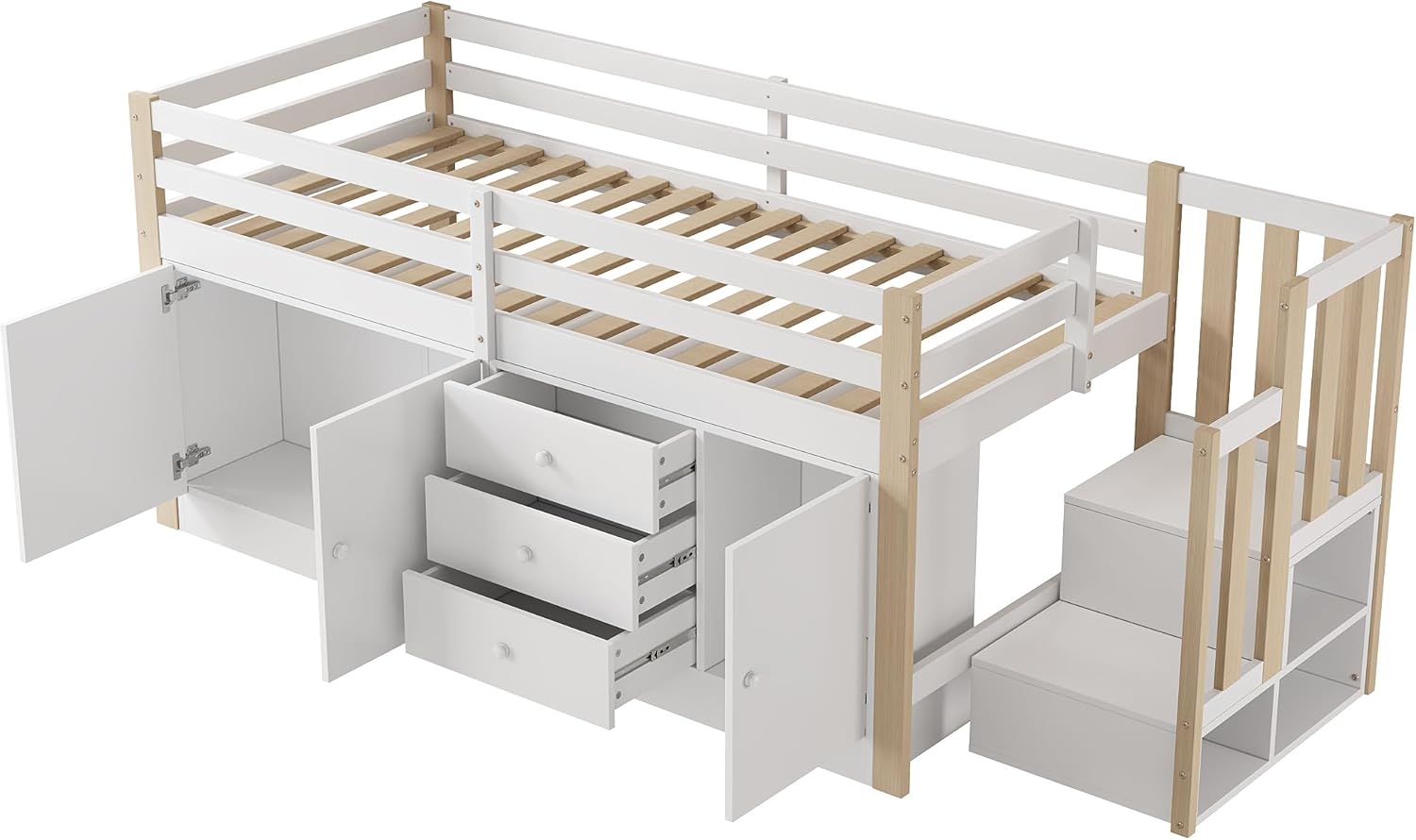 Merax Hochbett 90x200cm, Kinderbett mit Schrank und Treppe, Etagenbett mit Großer Stauraum, für Jungen, Mädchen, Weiß und Holzfarbe (Ohne Matratze) — Ansicht 6