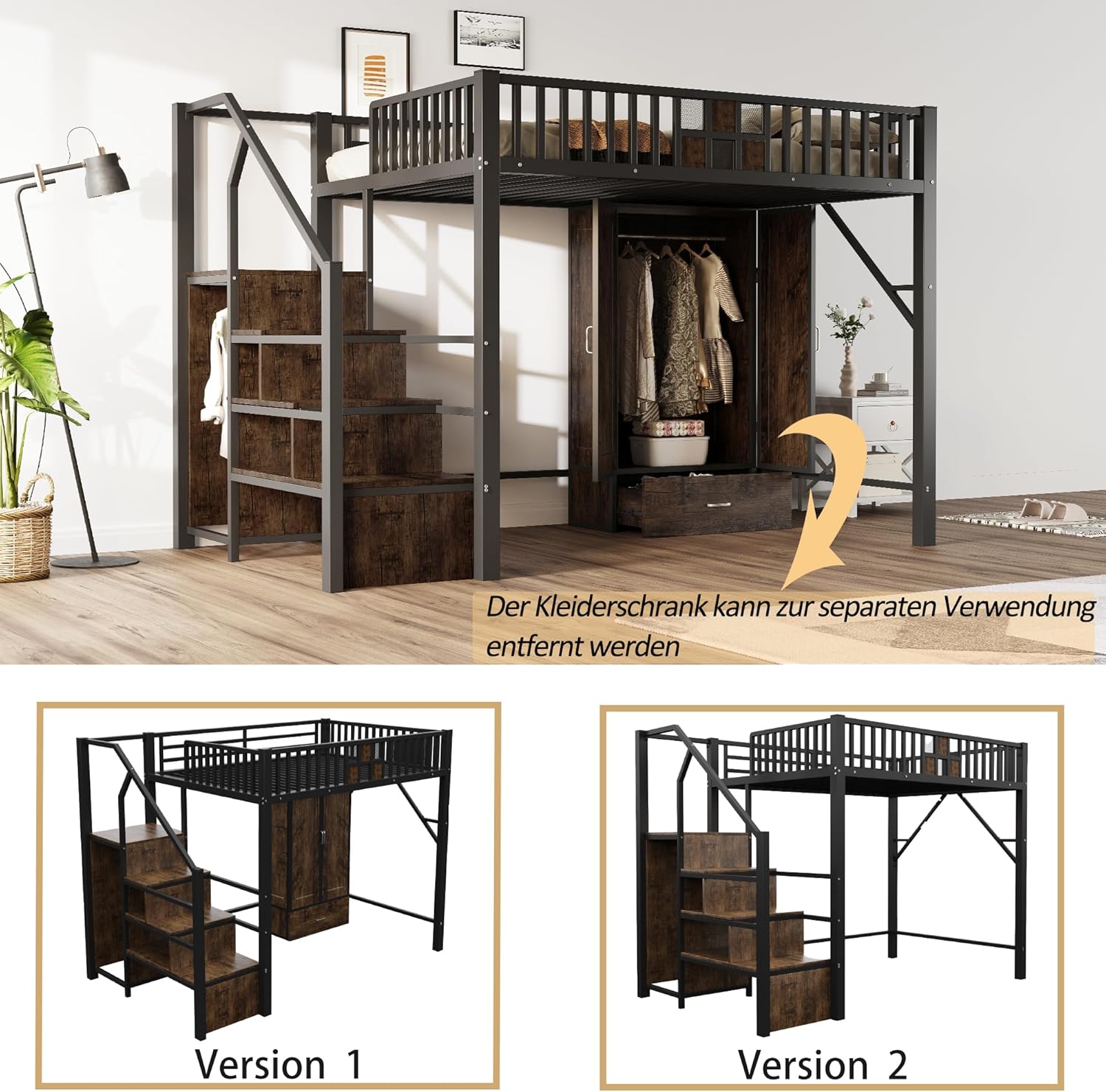 Merax Hochbett aus Metall, 140 x 200 cm, mit Drahtgitter, integriertem Schrank, Schubladen und Aufbewahrungsleiter, platzsparendes Kinderbett, modern und robust, schwarz (ohne Matratze) — Ansicht 3