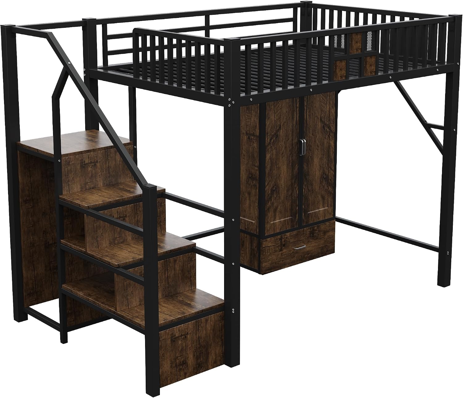 Merax Hochbett aus Metall, 140 x 200 cm, mit Drahtgitter, integriertem Schrank, Schubladen und Aufbewahrungsleiter, platzsparendes Kinderbett, modern und robust, schwarz (ohne Matratze) — Ansicht 6