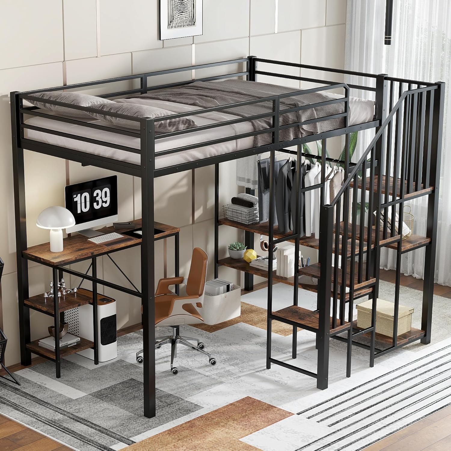 Merax Hochbett Metallbett 120x200cm, Platzsparend Etagenbett mit Schreibtisch und Offenes Regal, Stockbett mit offenem Kleiderschrank, Rausfallschutz, Sichere Treppe, Funktionsbett Jugendbett, Schwarz