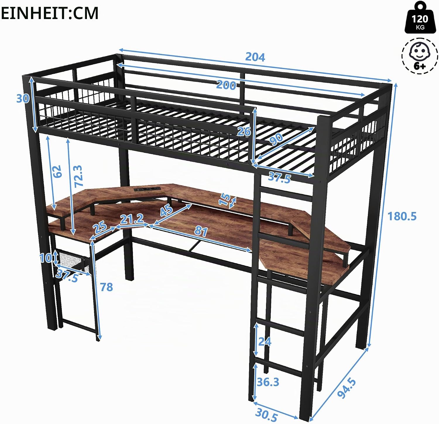 Merax Hochbett mit Schreibtisch 90x200 cm, Eisenrahmen, mit farbwechselnder LED-Lichtleiste, 1 USB-Anschluss + 1 Typ-C-Anschluss und 2 Steckdosen, mit Lochwand, ohne Matratze, schwarz — Ansicht 2