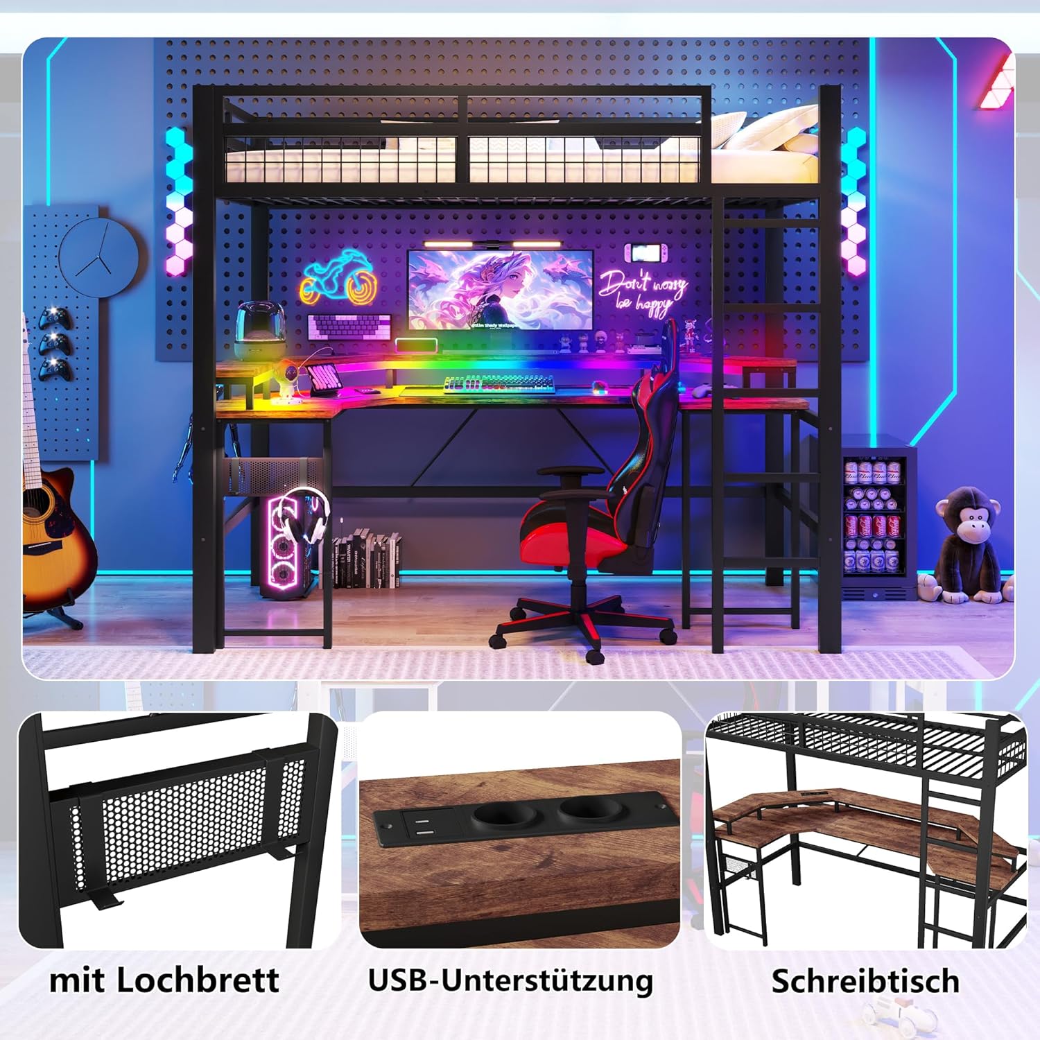 Merax Hochbett mit Schreibtisch 90x200 cm, Eisenrahmen, mit farbwechselnder LED-Lichtleiste, 1 USB-Anschluss + 1 Typ-C-Anschluss und 2 Steckdosen, mit Lochwand, ohne Matratze, schwarz — Ansicht 5