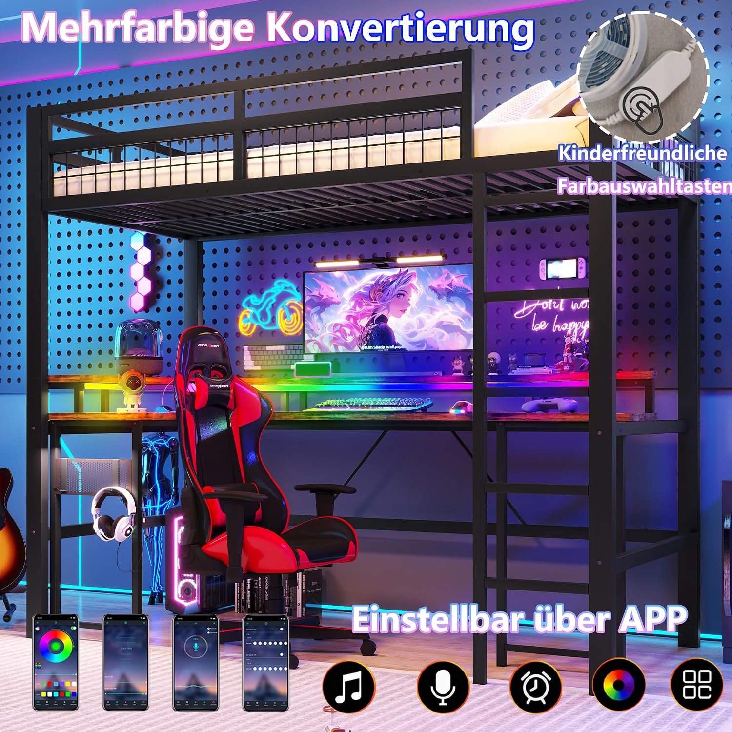 Merax Hochbett mit Schreibtisch 90x200 cm, Eisenrahmen, mit farbwechselnder LED-Lichtleiste, 1 USB-Anschluss + 1 Typ-C-Anschluss und 2 Steckdosen, mit Lochwand, ohne Matratze, schwarz — Ansicht 6