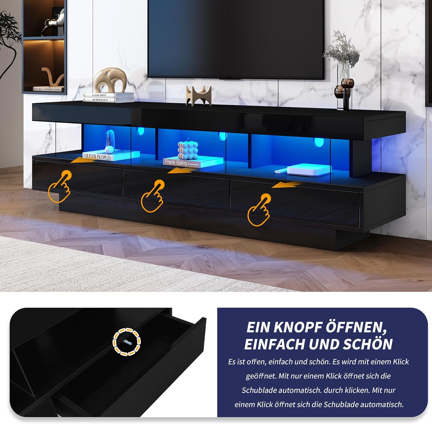 Merax Hochglanz TV Schrank mit LED-Beleuchtung, App-Steuerung, Bluetooth-verbunden, Lowboard Sideboard TV-Kommode Fernsehschrank Fernsehtisch für 70-Zoll-TVs, mit 3 Glasfächern, Schwarz/160x38x50.5cm — Ansicht 5